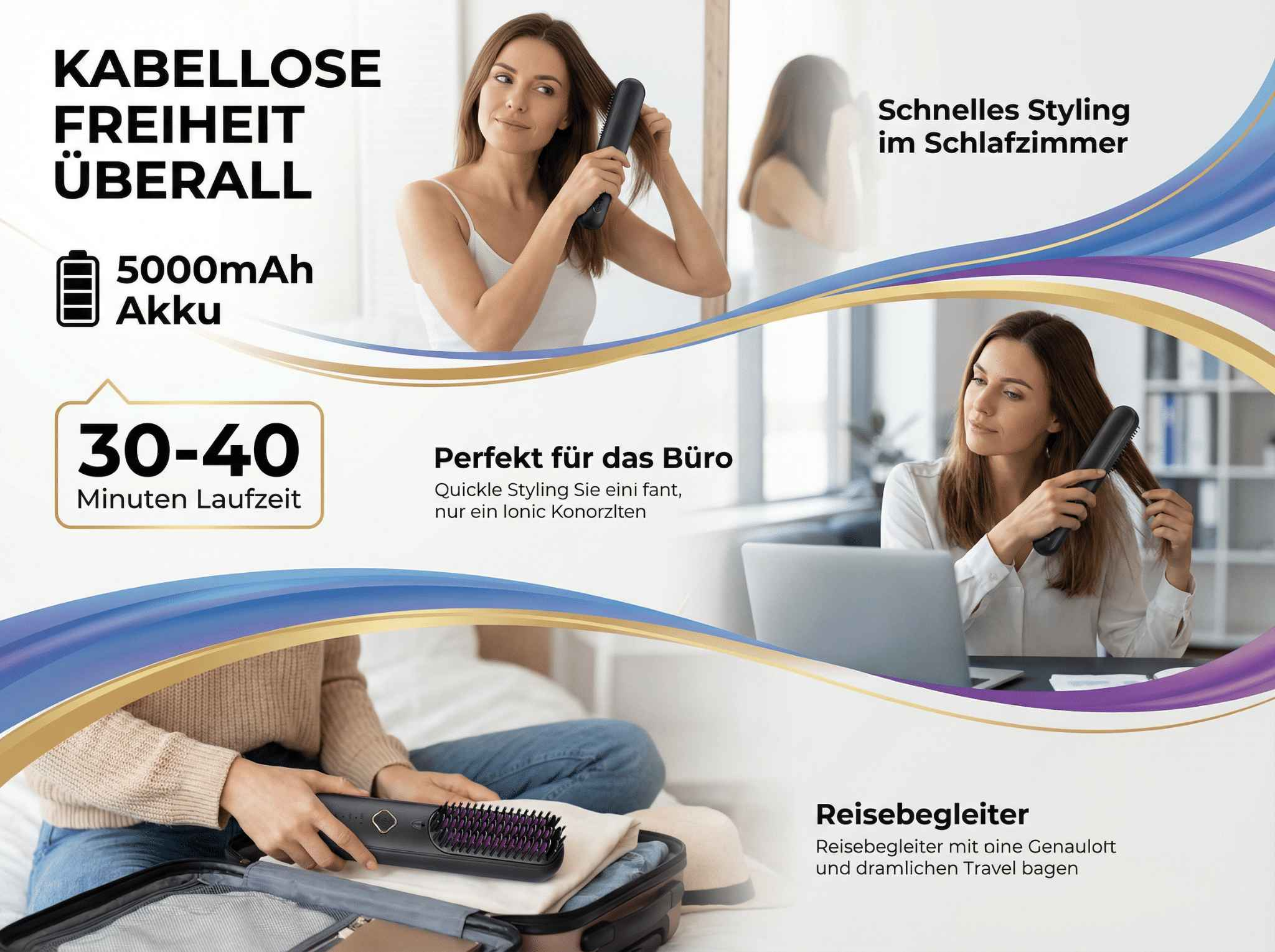 Eine Frau stylt ihr Haar mit einem kabellosen Kamm in drei Szenarien.
