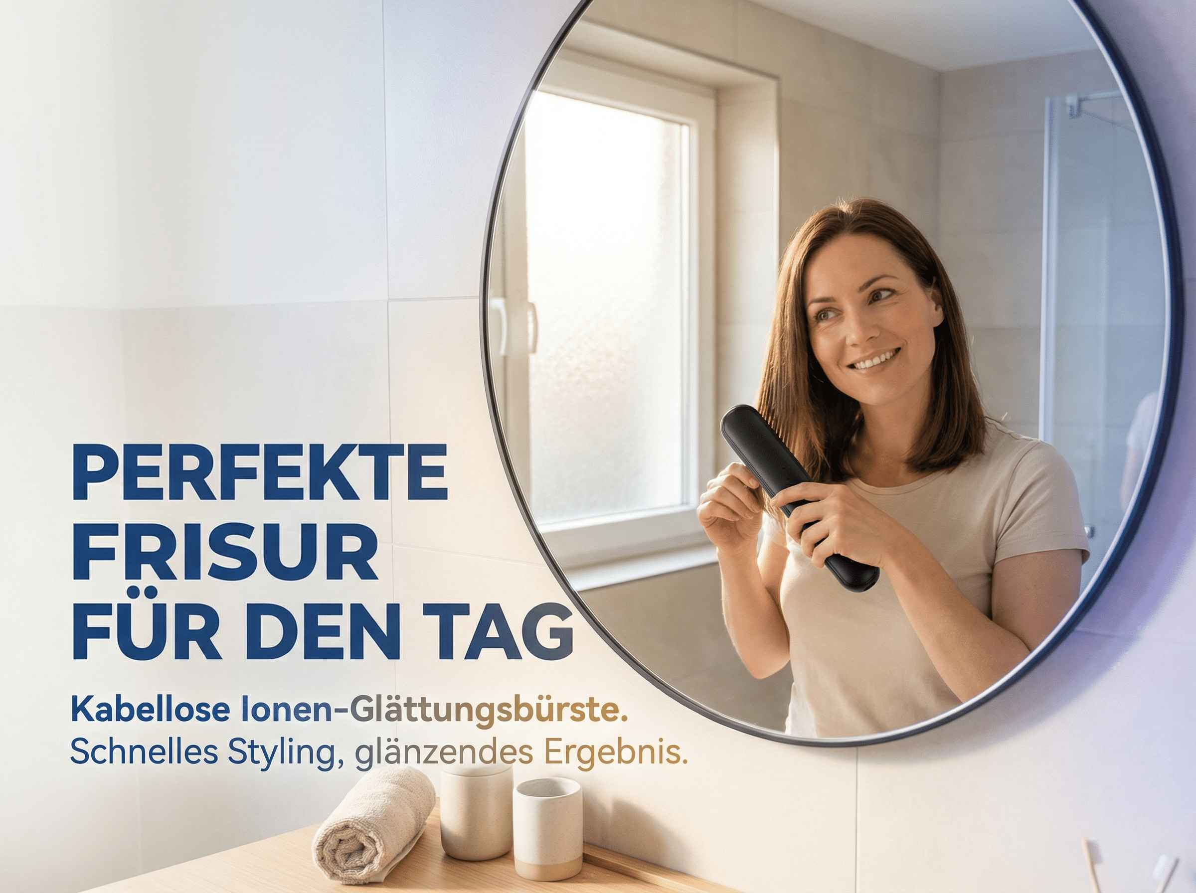 Eine Frau kämmt sich im Spiegel mit einer schwarzen Glättbürste, im Vordergrund Text.