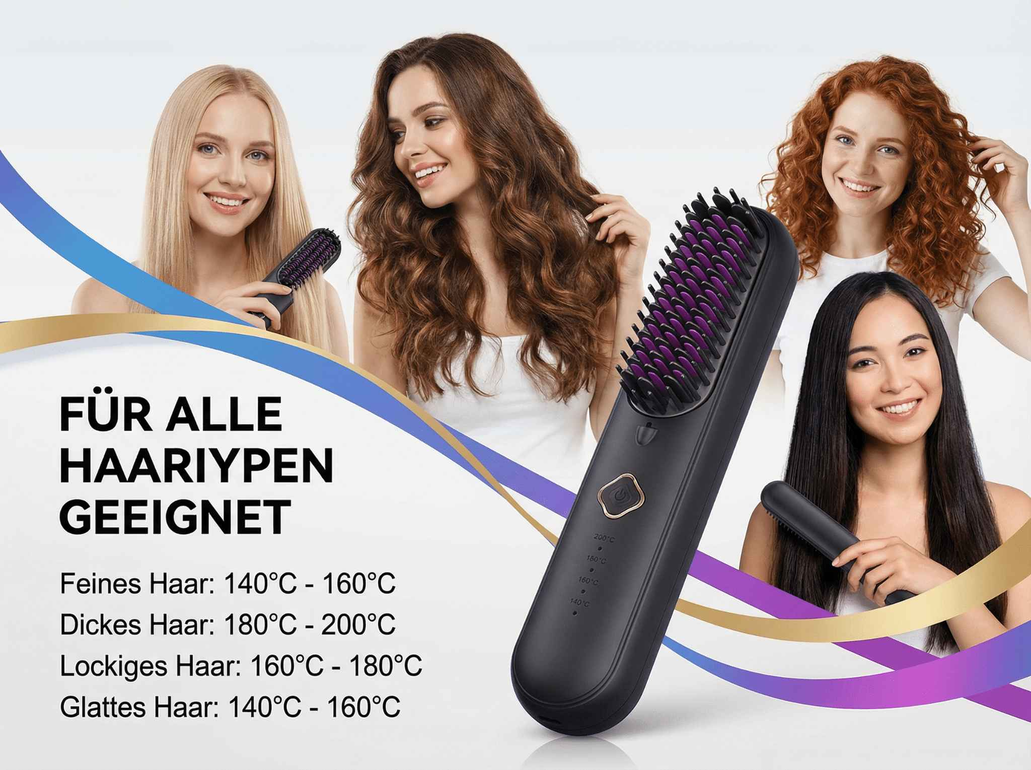 Vier Frauen mit unterschiedlichen Frisuren und ein Glätteisen-Bürste.