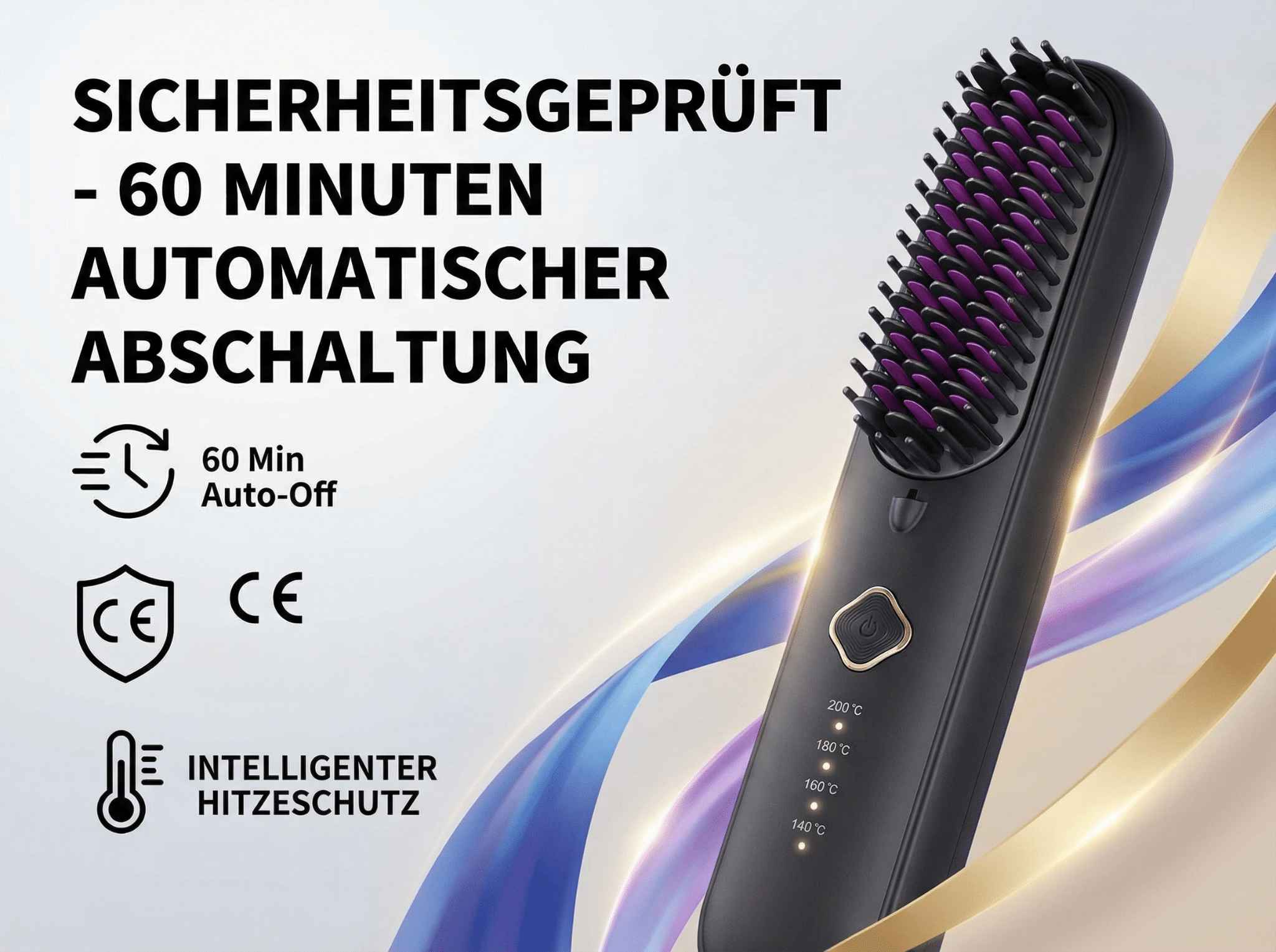 Schwarzer Haar-Glätter mit lila Borsten, CE-Siegel und Temperaturanzeige.