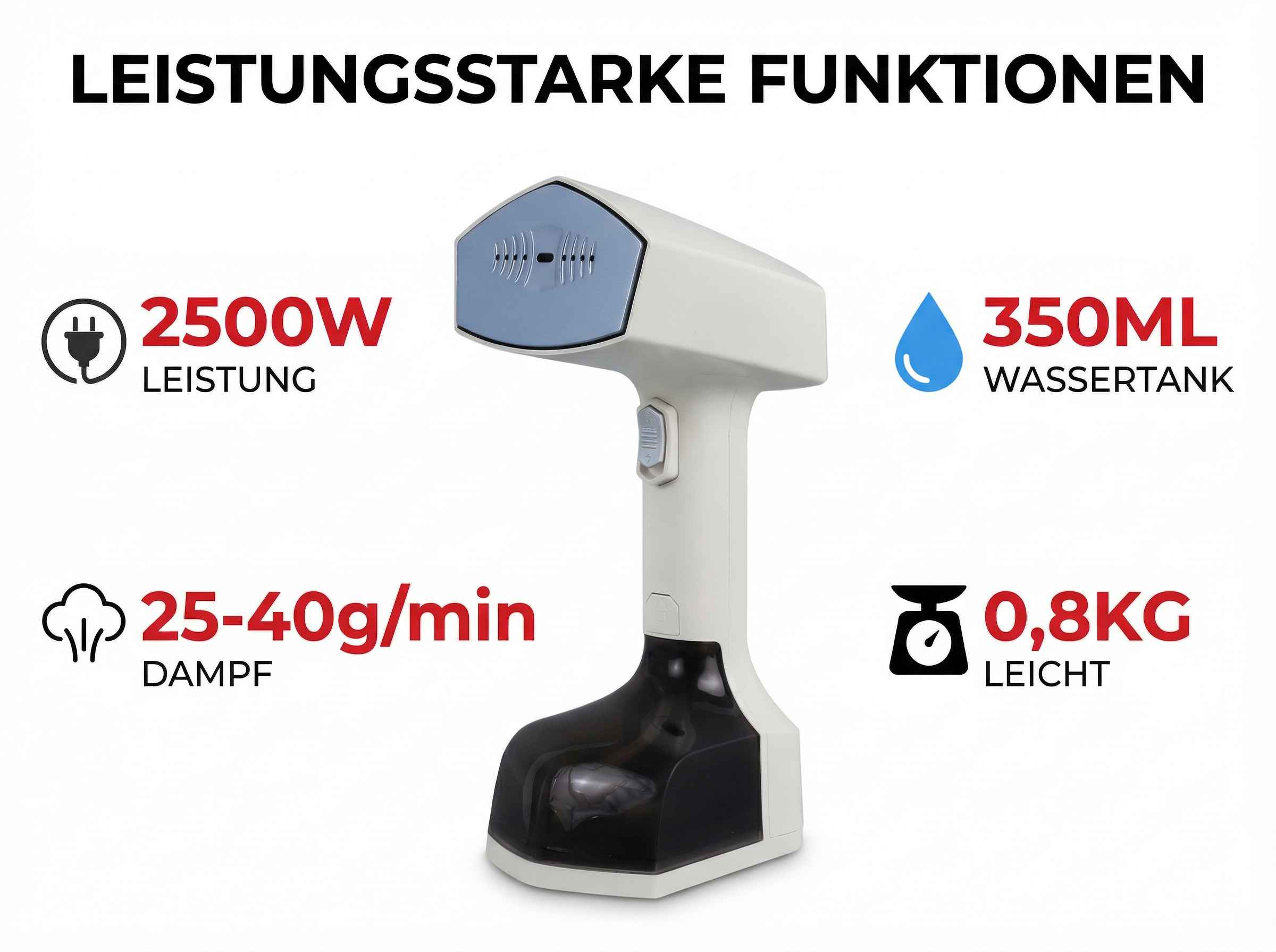 Ein weißer Dampfglätter mit 2500W, 350ml Wassertank, 25-40g/min Dampf und 0,8kg Gewicht.