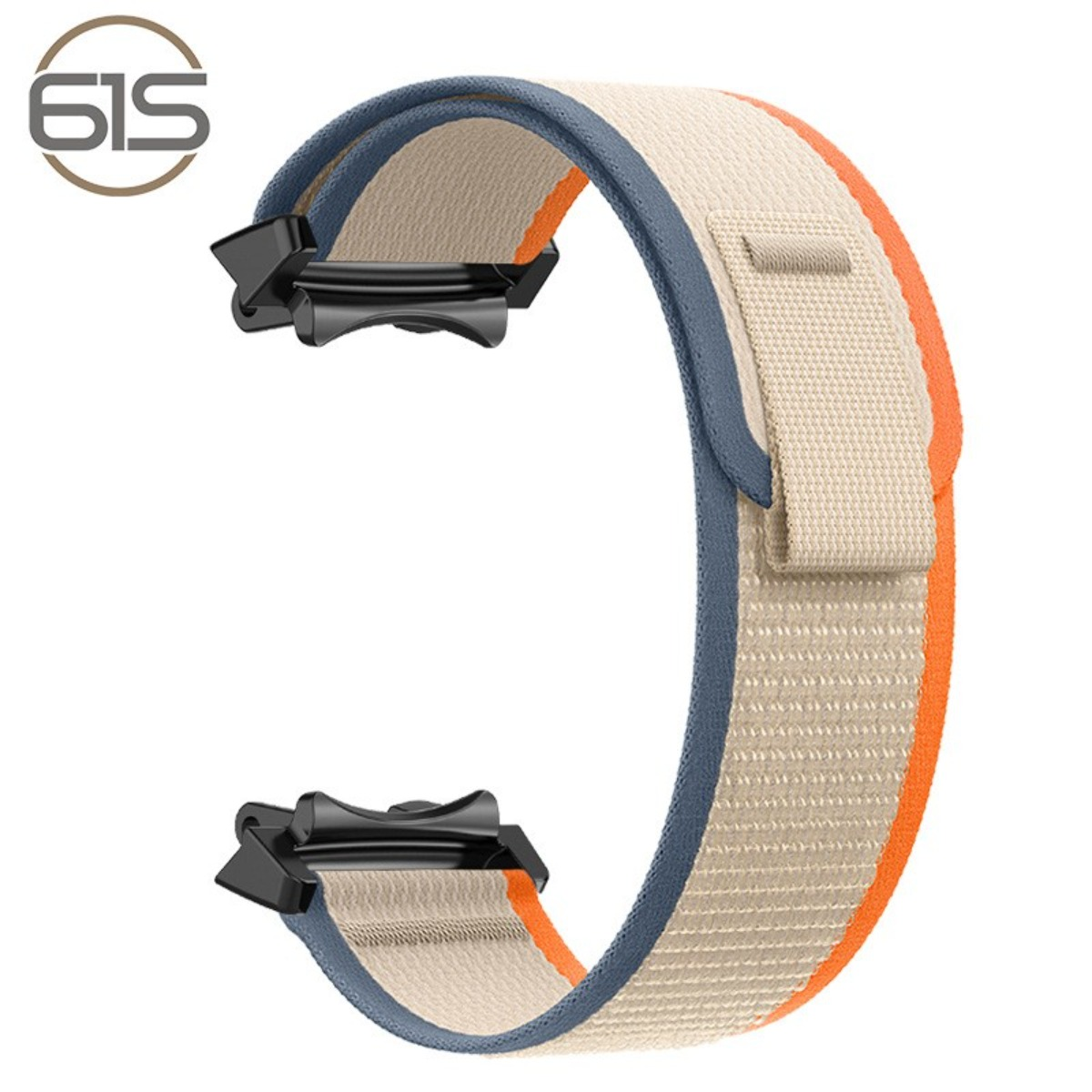 Cinturino beige con bordi blu e arancio e chiusure nere.
