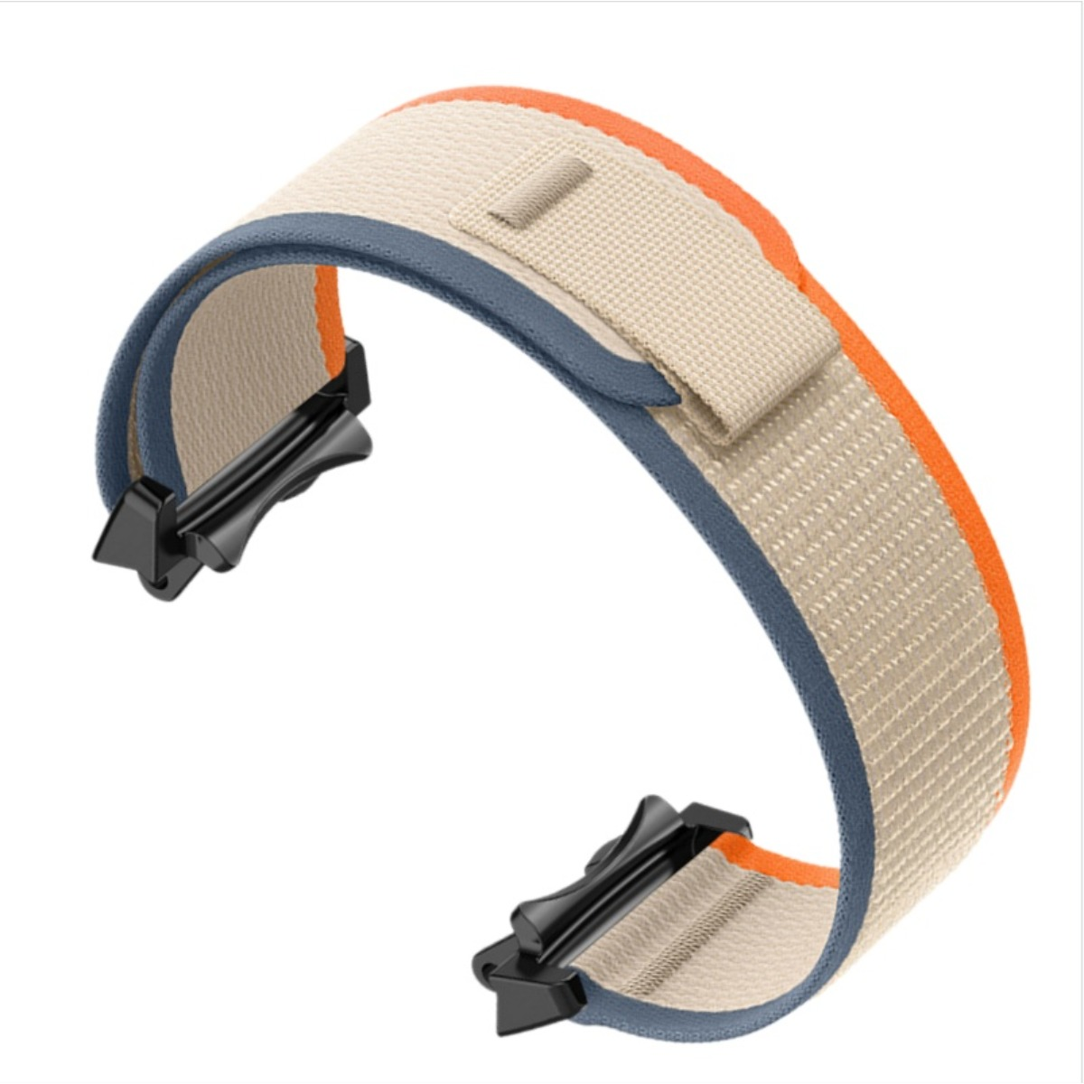 Un cinturino in tessuto beige con finiture blu e arancioni e clip nere.