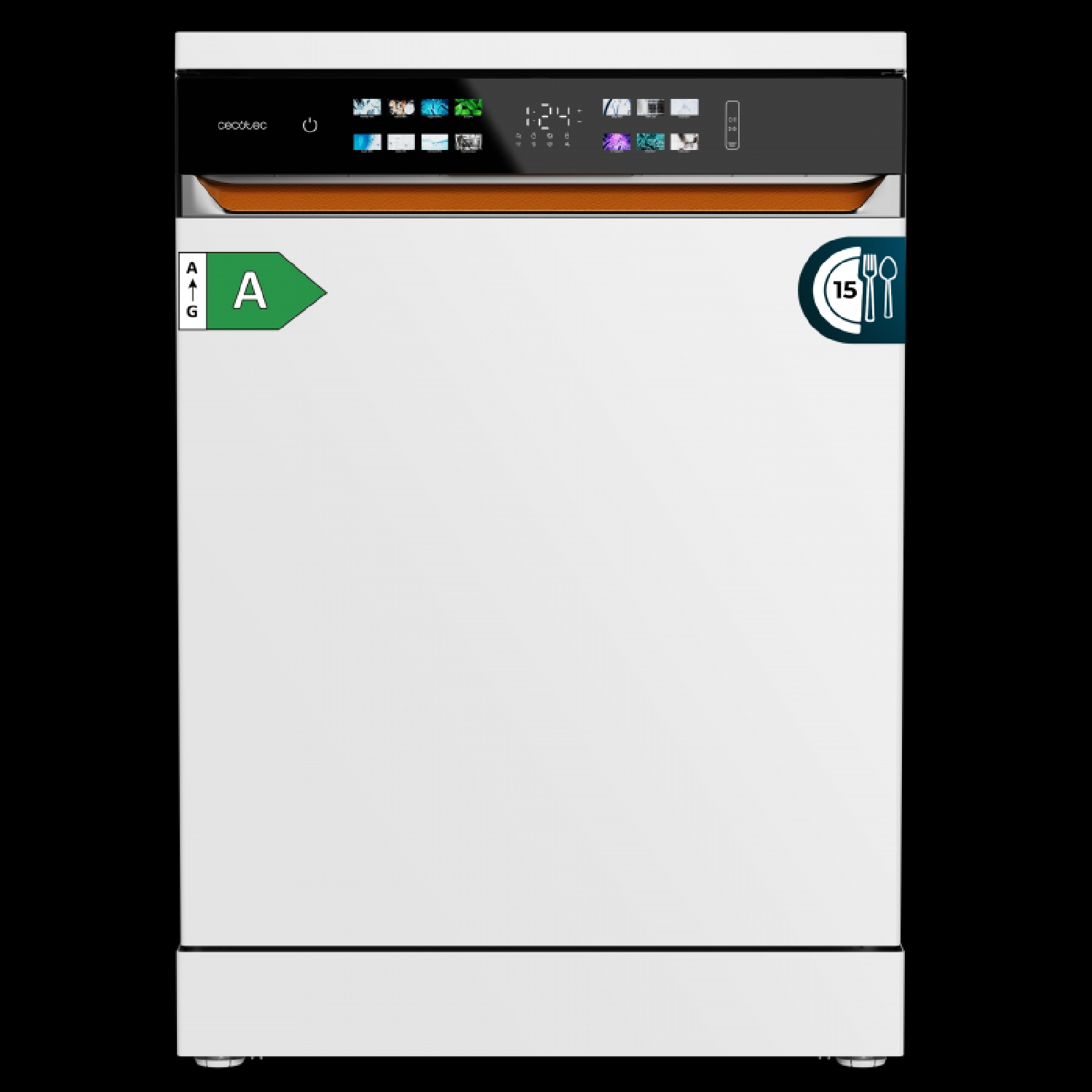 Lavastoviglie bianca con display digitale, classe A e simbolo posate.