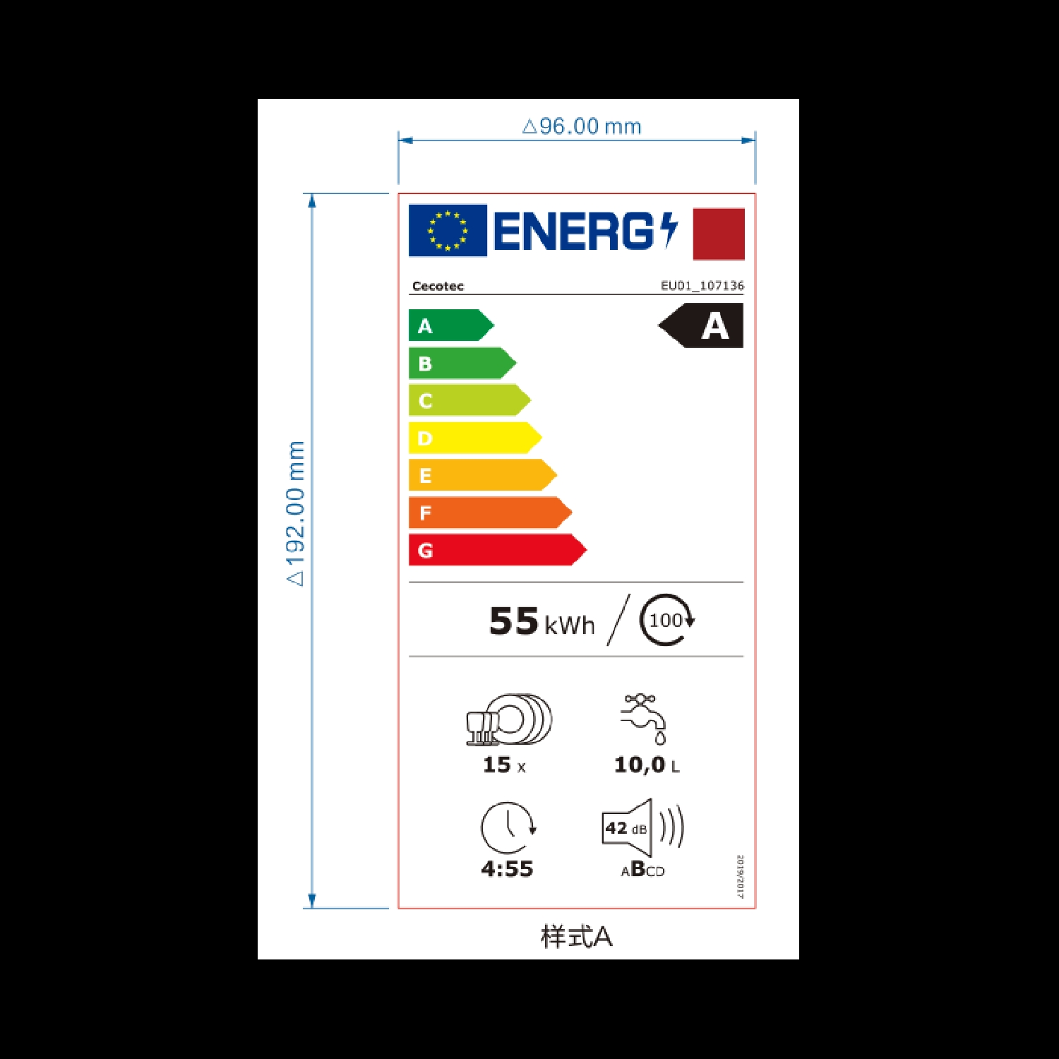 Etichetta energetica: Classe A, 55 kWh/100 cicli, 15 coperti, 10 L acqua, 4:55 ore.