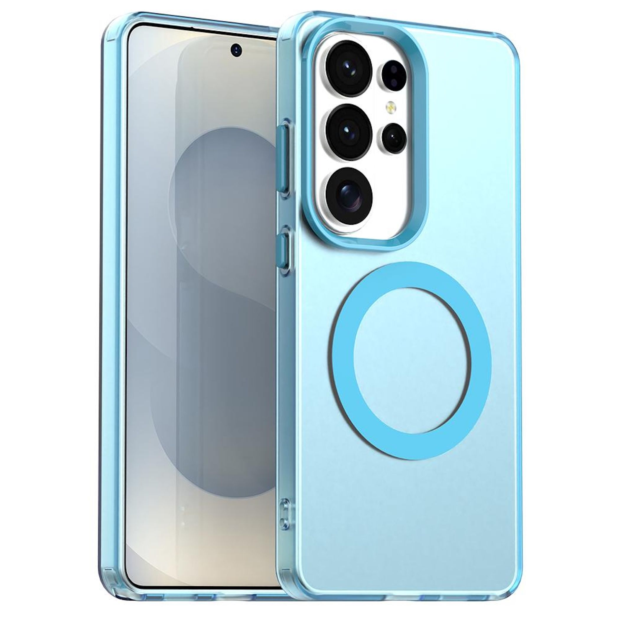 Ein hellblaues Handy mit Magnetring und Kamera-Setup auf weißem Hintergrund.