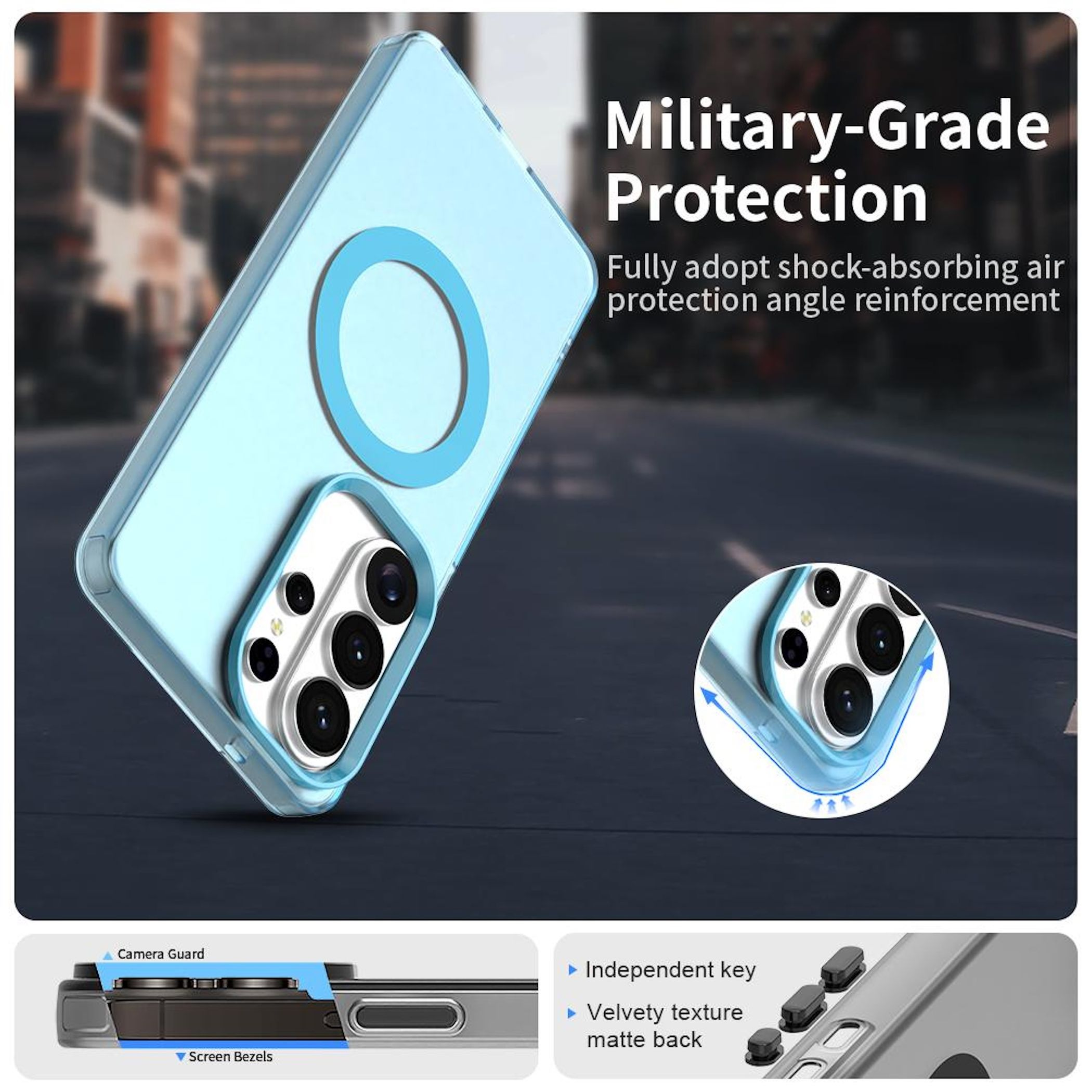 Blaue Handyhülle mit MagSafe-Ring und Kameraöffnung. Details zu Schutzfunktionen.