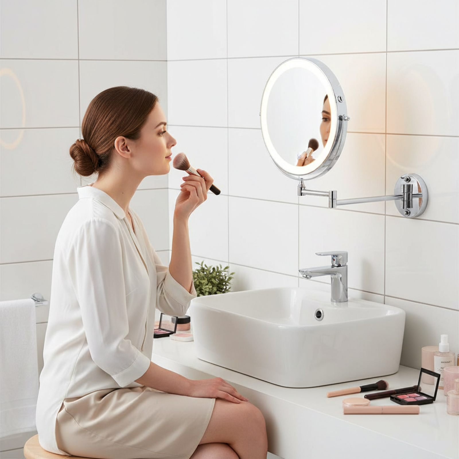Eine Frau trägt Make-up auf, sitzt vor einem Waschbecken und einem beleuchteten Spiegel.