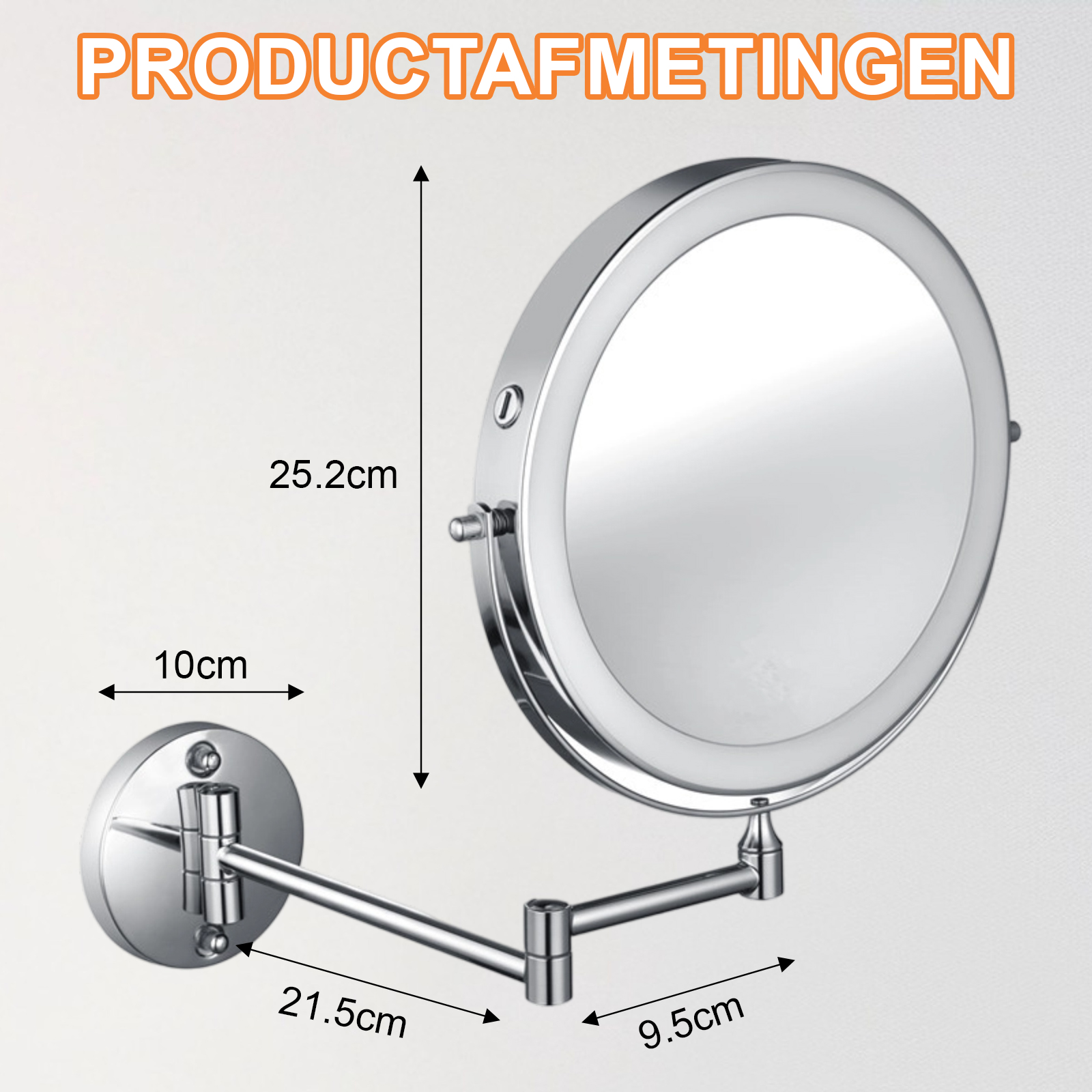 Ein schwenkbarer Wandspiegel mit LED-Beleuchtung und Maßen.