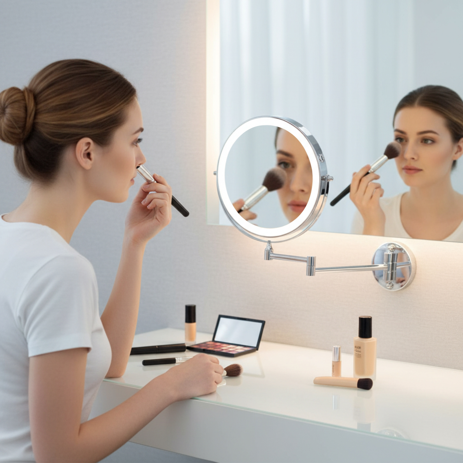 Frau trägt Make-up auf, mit Schminkspiegel und Produkten auf dem Tisch.