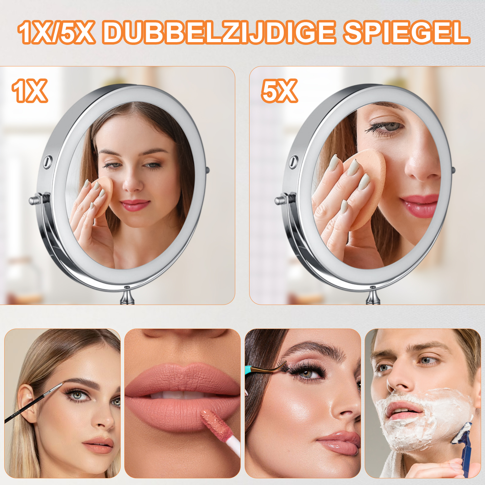 Spiegel mit 1x und 5x Vergrößerung, zeigt Frauen beim Schminken und einen Mann beim Rasieren.