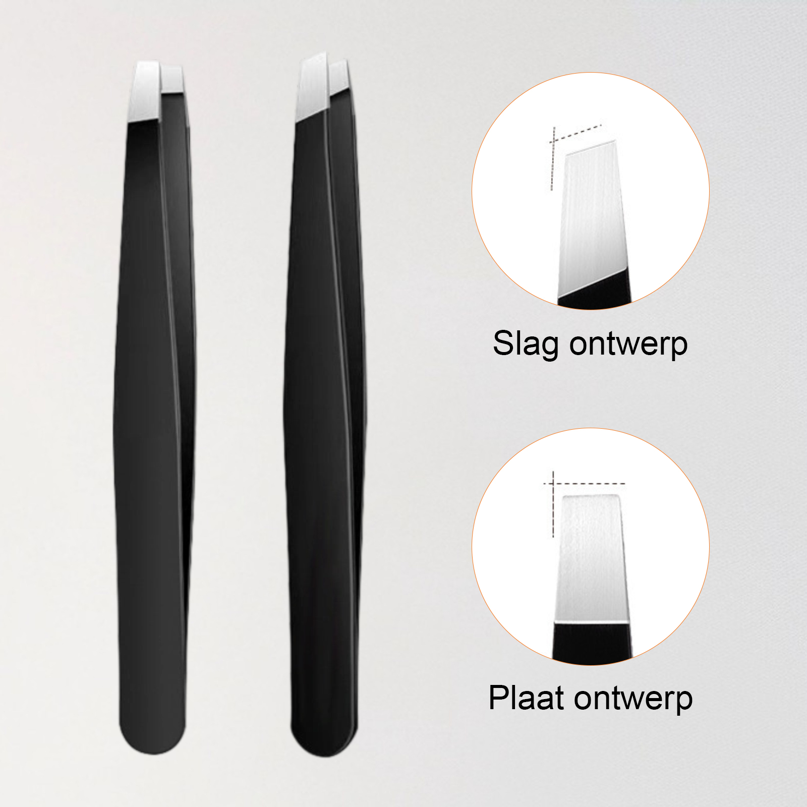 Zwei schwarze Pinzetten mit silbernen Spitzen, daneben Nahaufnahmen von Spitzen.