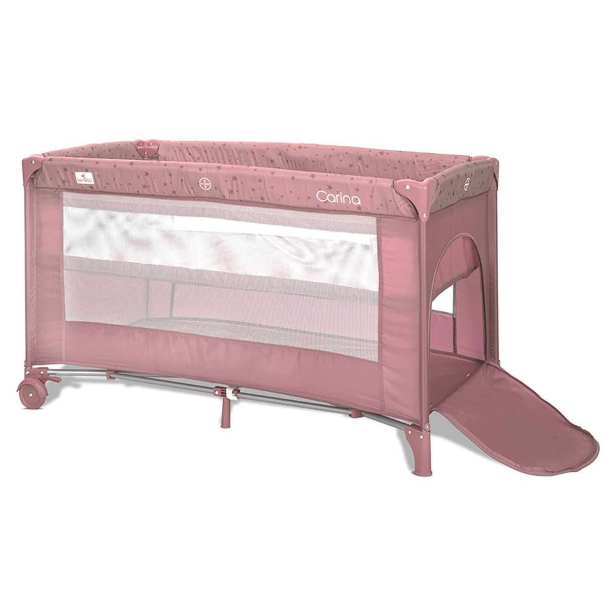 Ein rosa Reisebett mit Sternenmuster und einer Rutsche.
