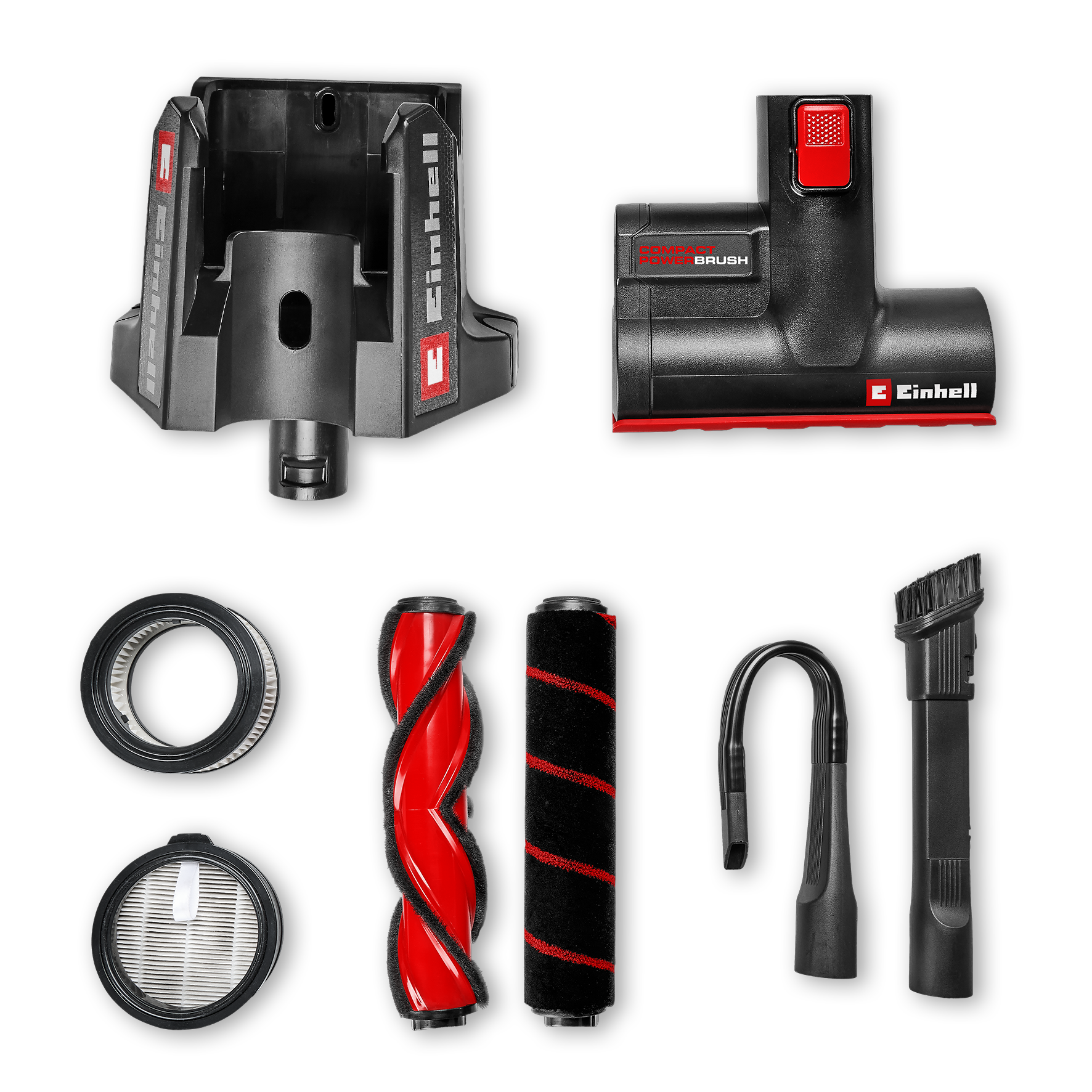 Accessori aspirapolvere Einhell: supporto a muro, testina spazzola, rulli e filtri.