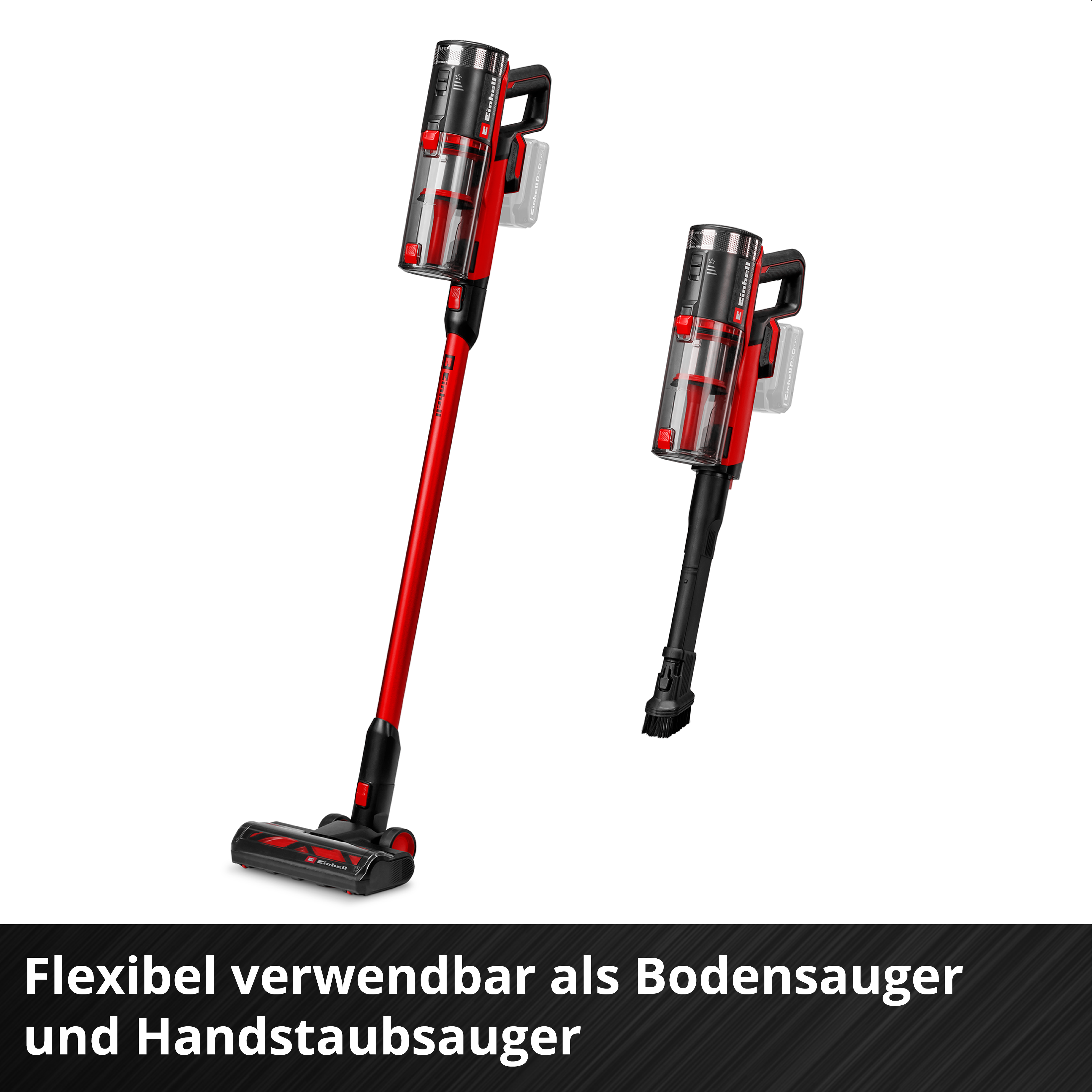 Zwei rote und schwarze Akku-Staubsauger, einer als Boden-, der andere als Handgerät.