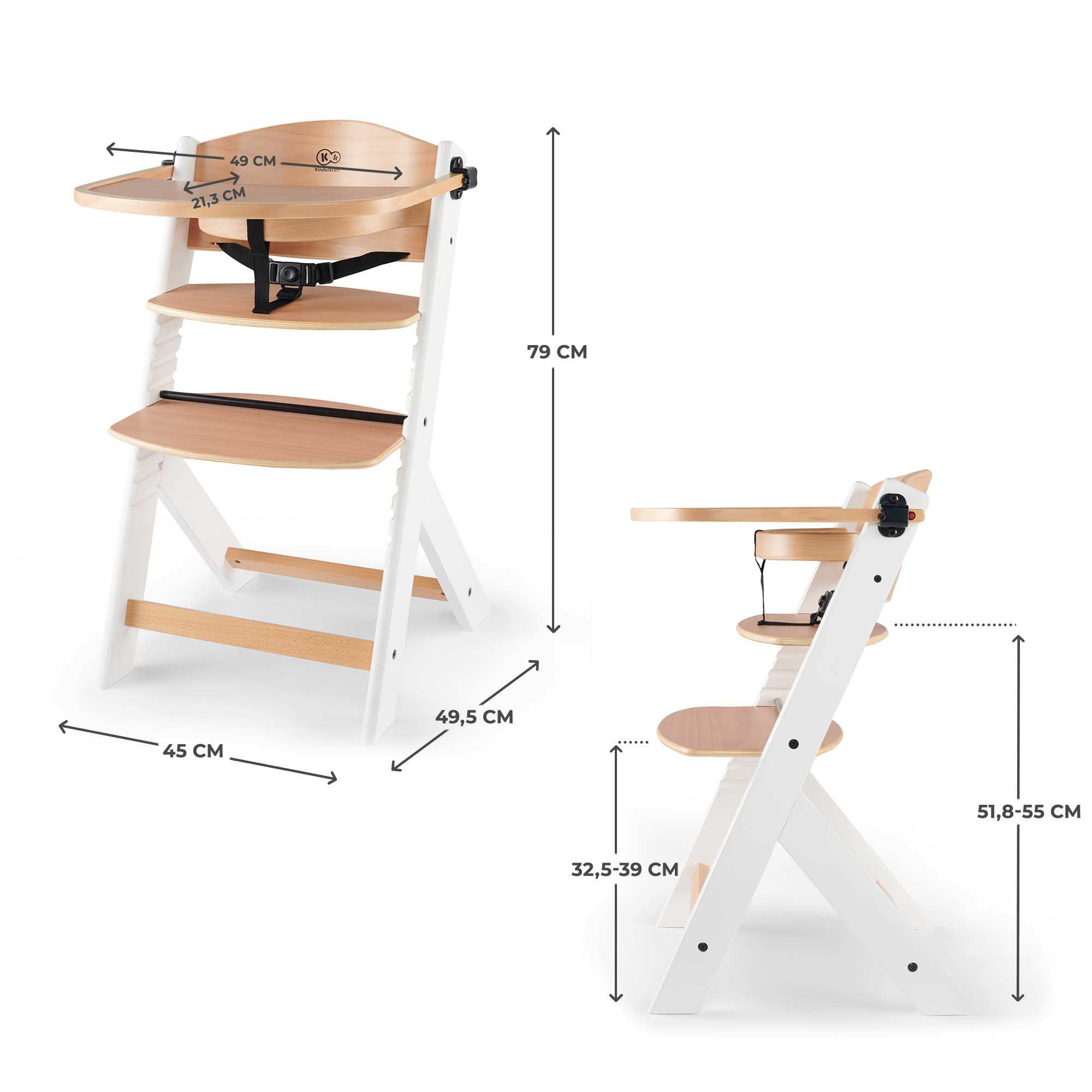 Ein weißer Kinderhochstuhl mit Holztablett und Gurten. Maße sind angegeben.