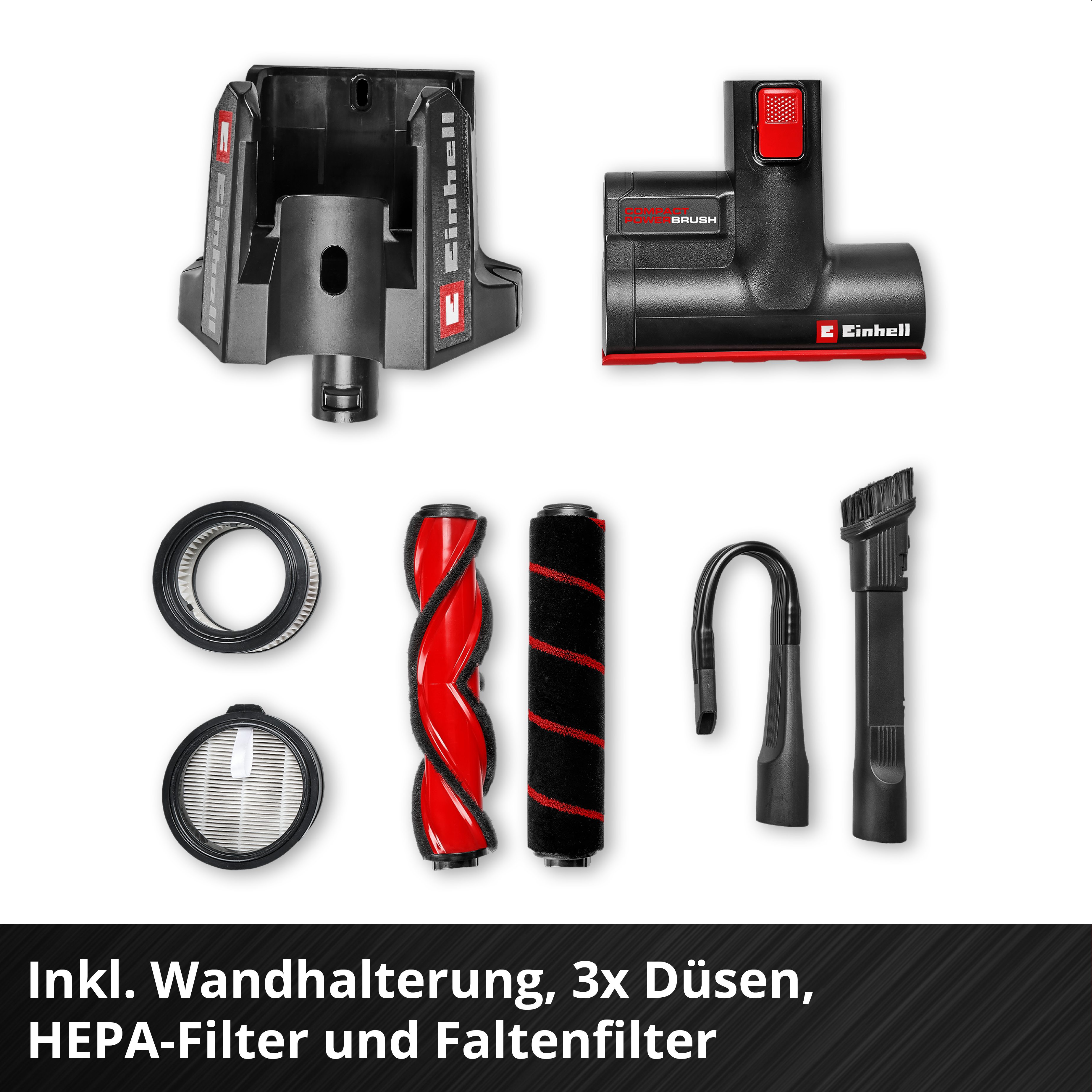 Accessori Einhell: supporto muro, spazzole, filtri, ugelli.