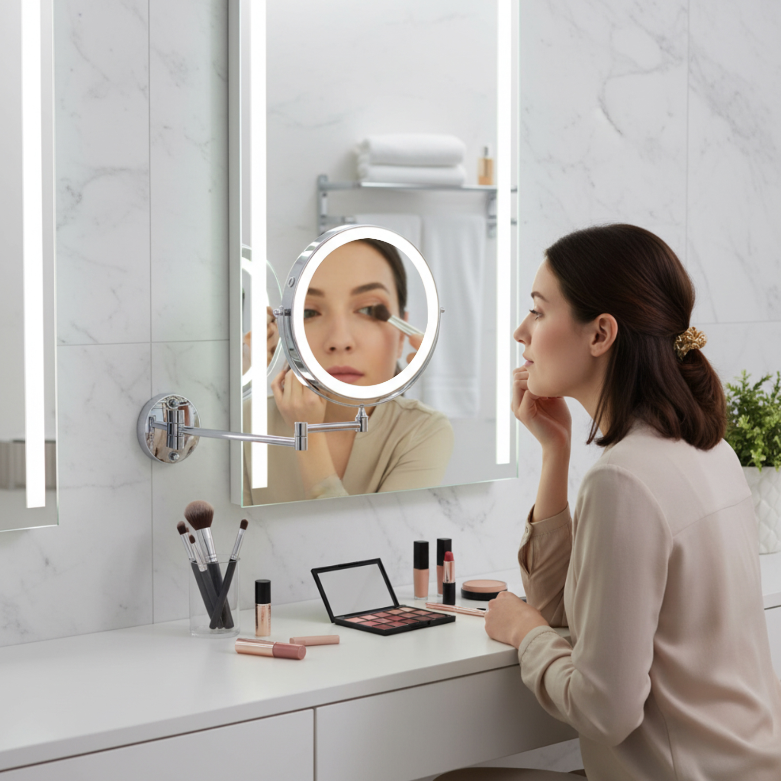 Eine Frau trägt Make-up auf, während sie in einen beleuchteten Spiegel schaut.