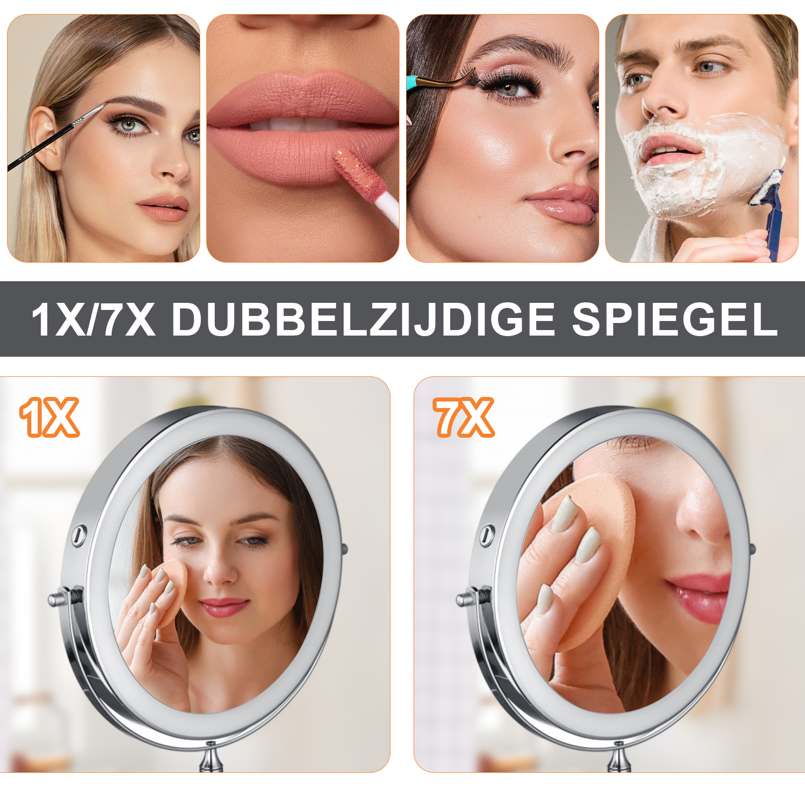 Drei Personen schminken sich, eine rasiert sich. Unten zwei Spiegelbilder.