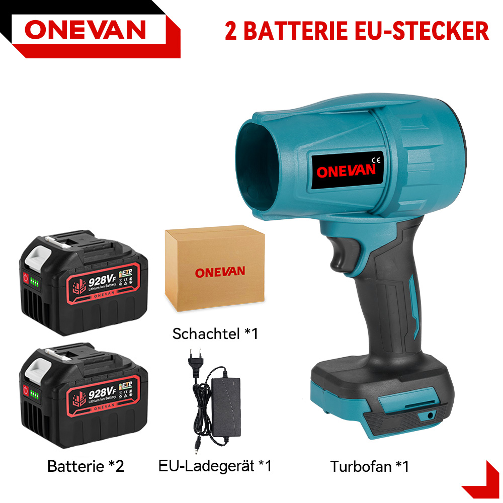Ein türkisfarbener Turbofan mit zwei Batterien, Ladegerät und Karton.