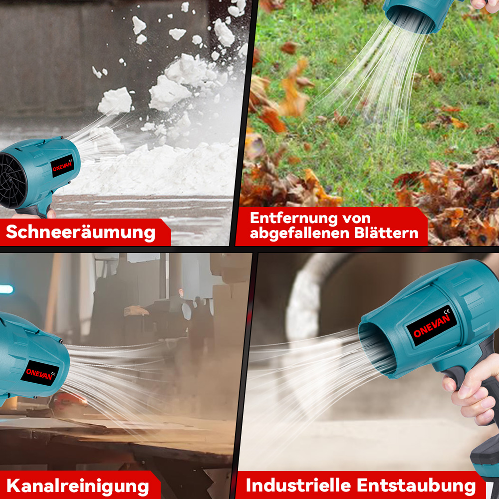 Vier Bilder zeigen ein blaues Gebläse im Einsatz: Schnee fegen, Blätter fegen, Kanalreinigung, Staub entfernen.