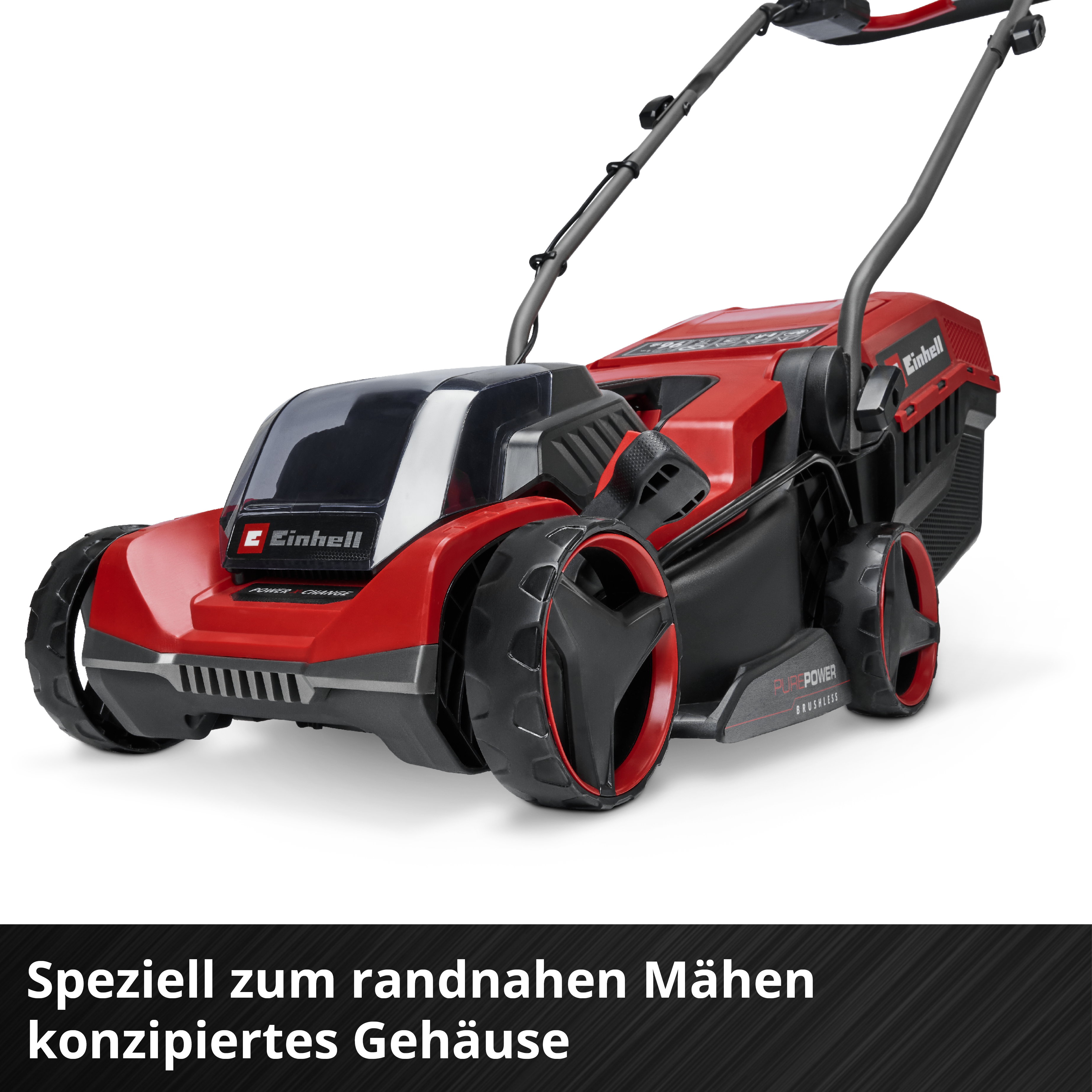 Roter und schwarzer Rasenmäher mit großem Rad, auf weißem Hintergrund.