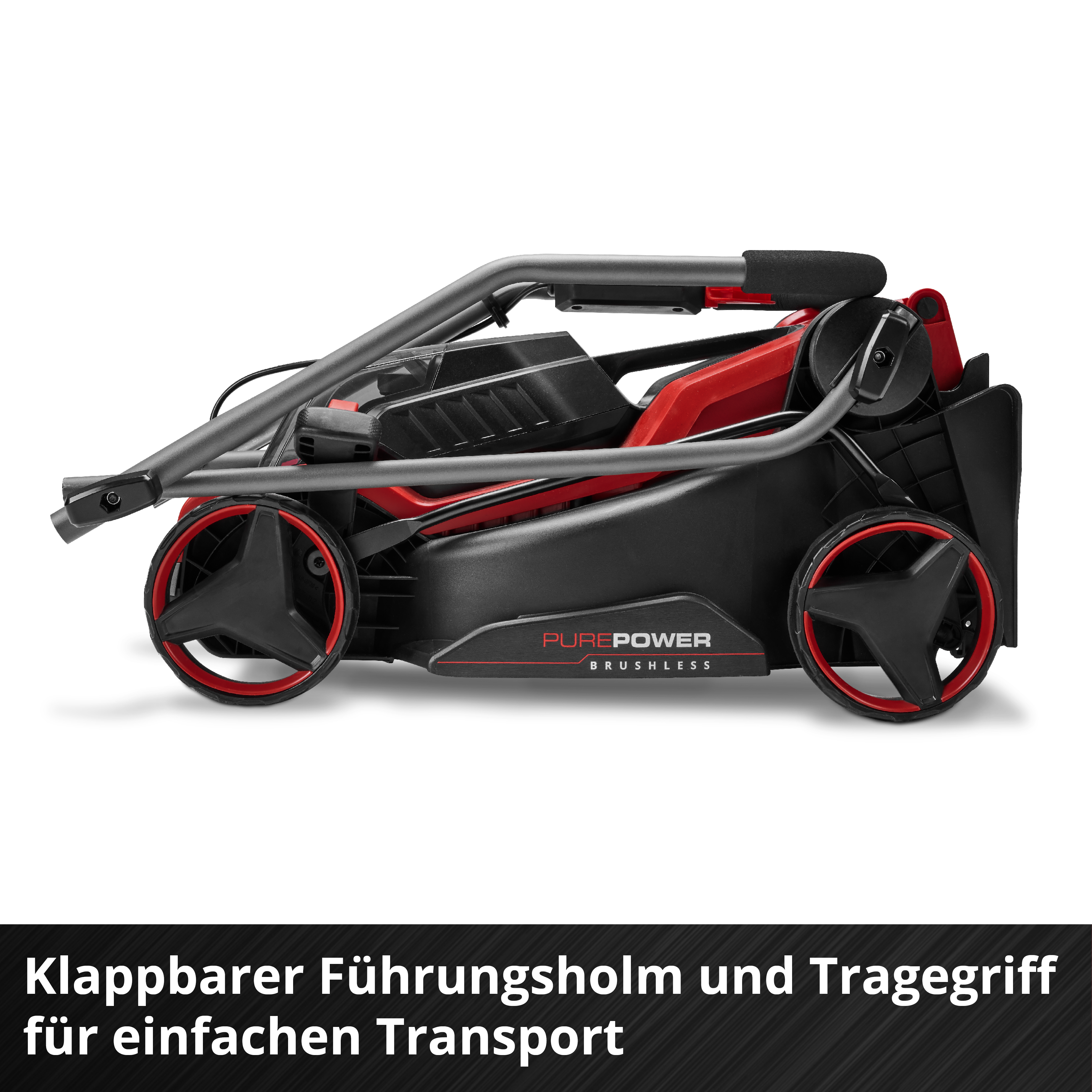 Kompakter, zusammenklappbarer Rasenmäher mit roten Akzenten auf den Rädern.