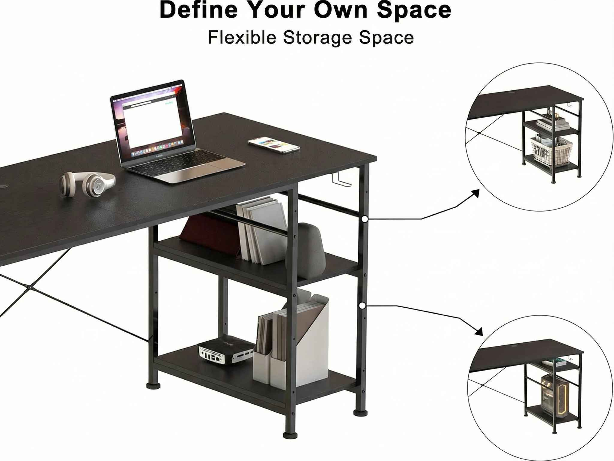 Schwarzer Schreibtisch mit Laptop, Kopfhörern und Handy. Unter dem Tisch befinden sich Regale.