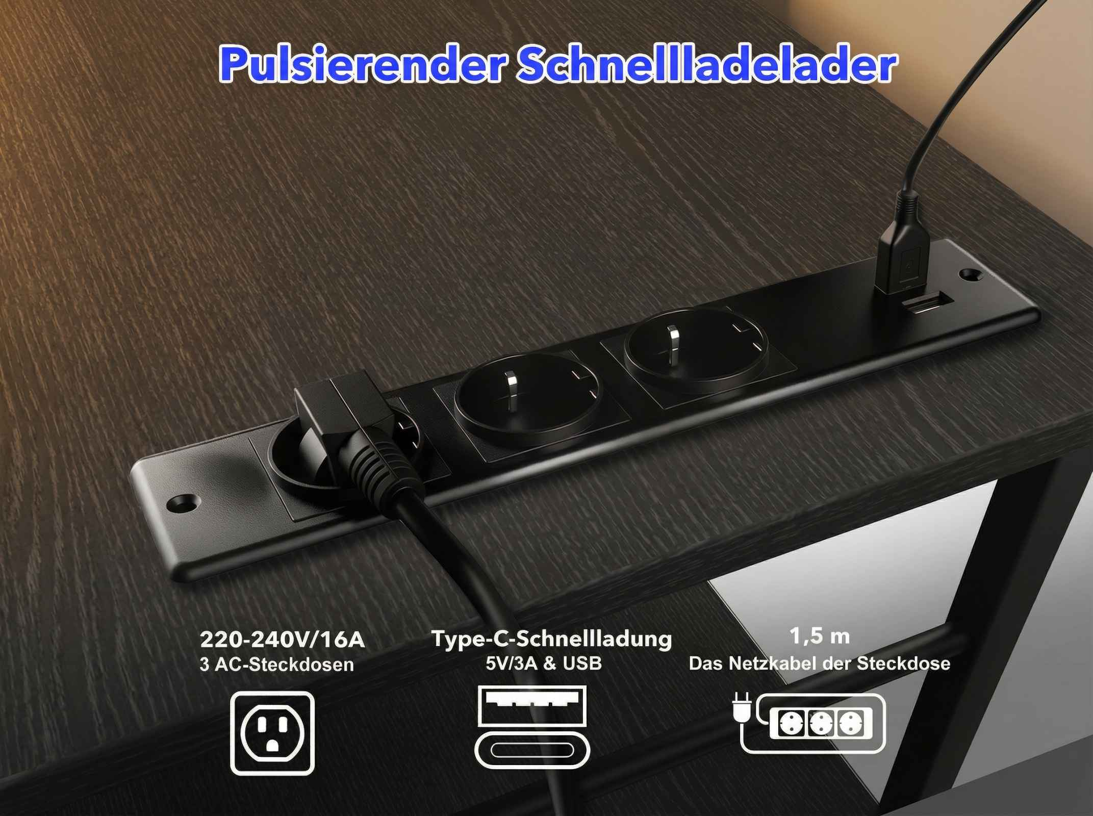 Schwarze Steckdosenleiste mit 3 AC-Anschlüssen, USB und Typ-C-Ladefunktion.