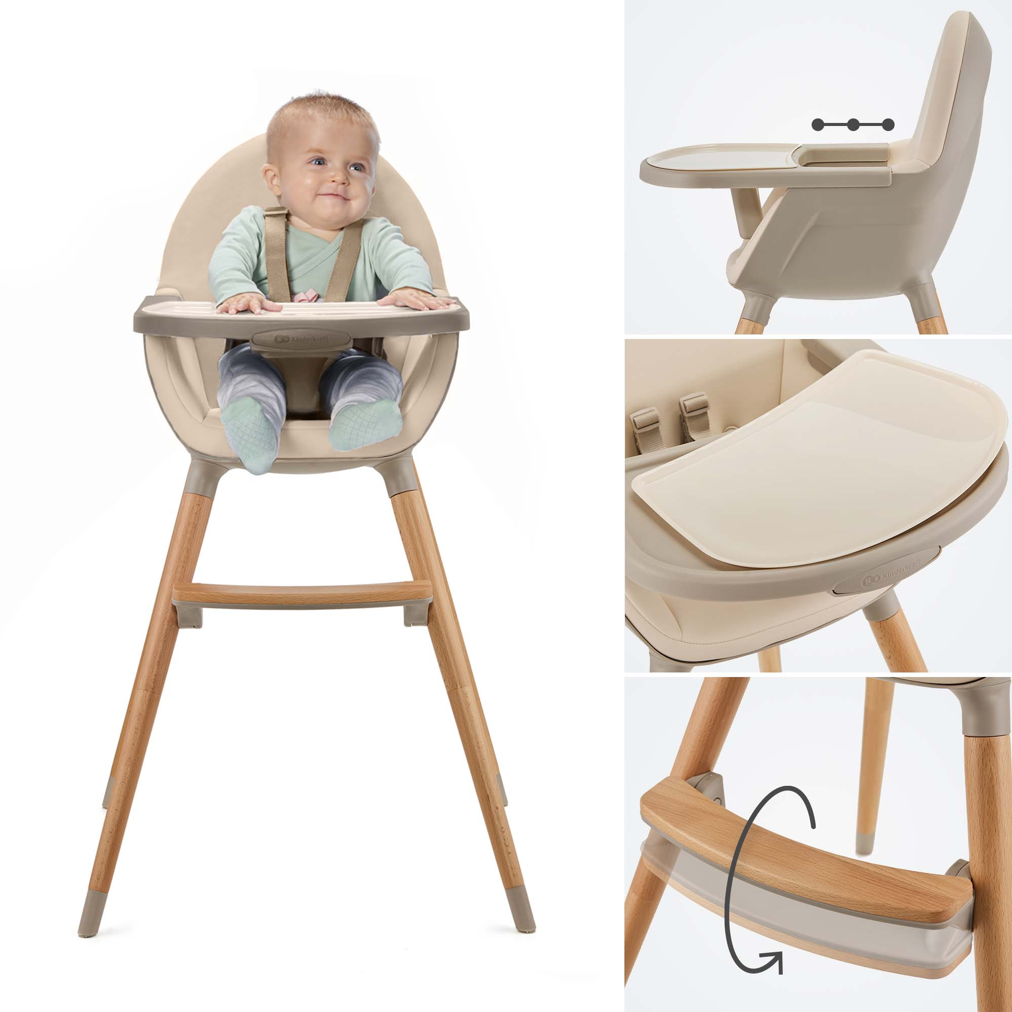 Ein Baby sitzt in einem beigen Hochstuhl mit Holzbeinen.