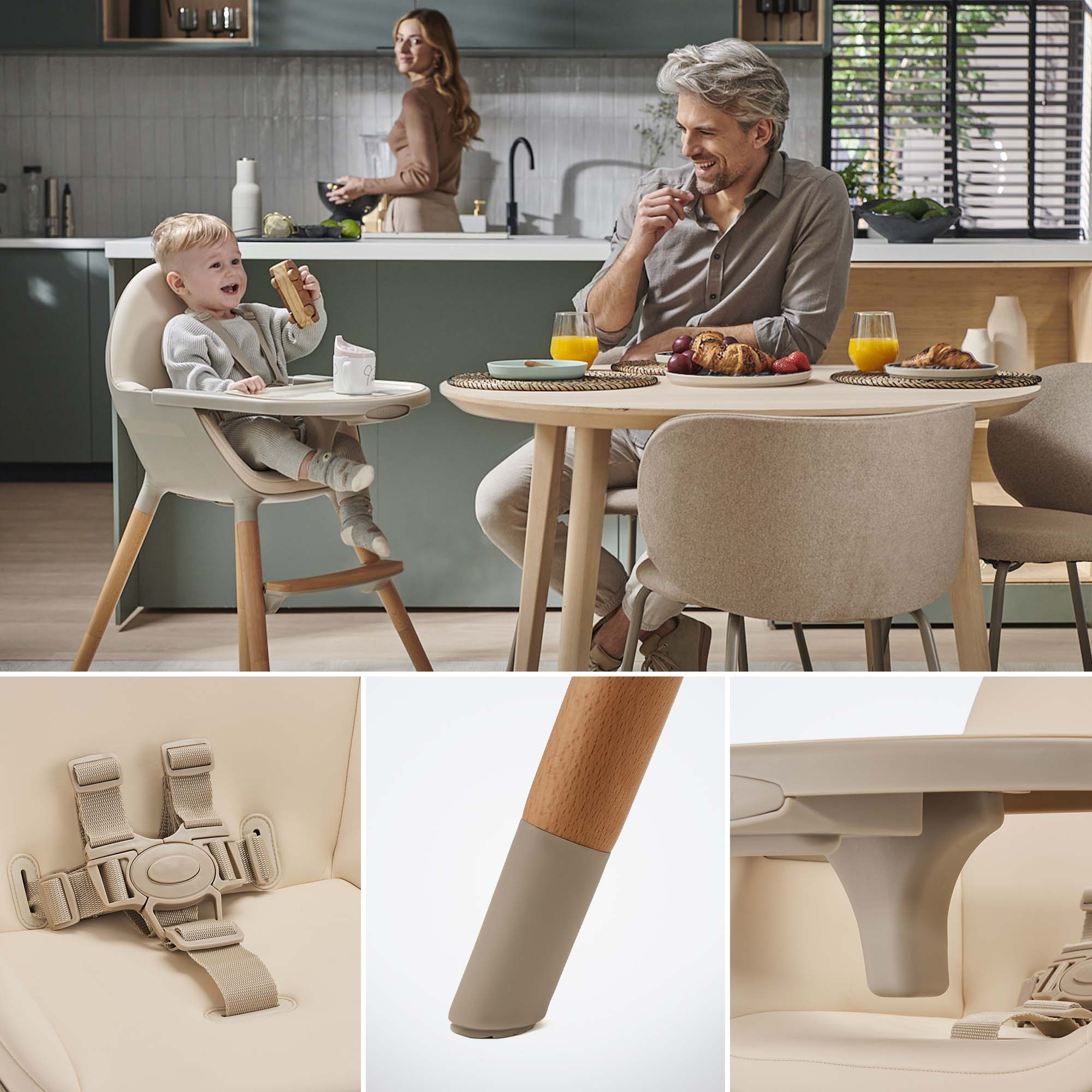 Familie beim Frühstück, Baby im Hochstuhl, Mann am Tisch, Frau in Küche.