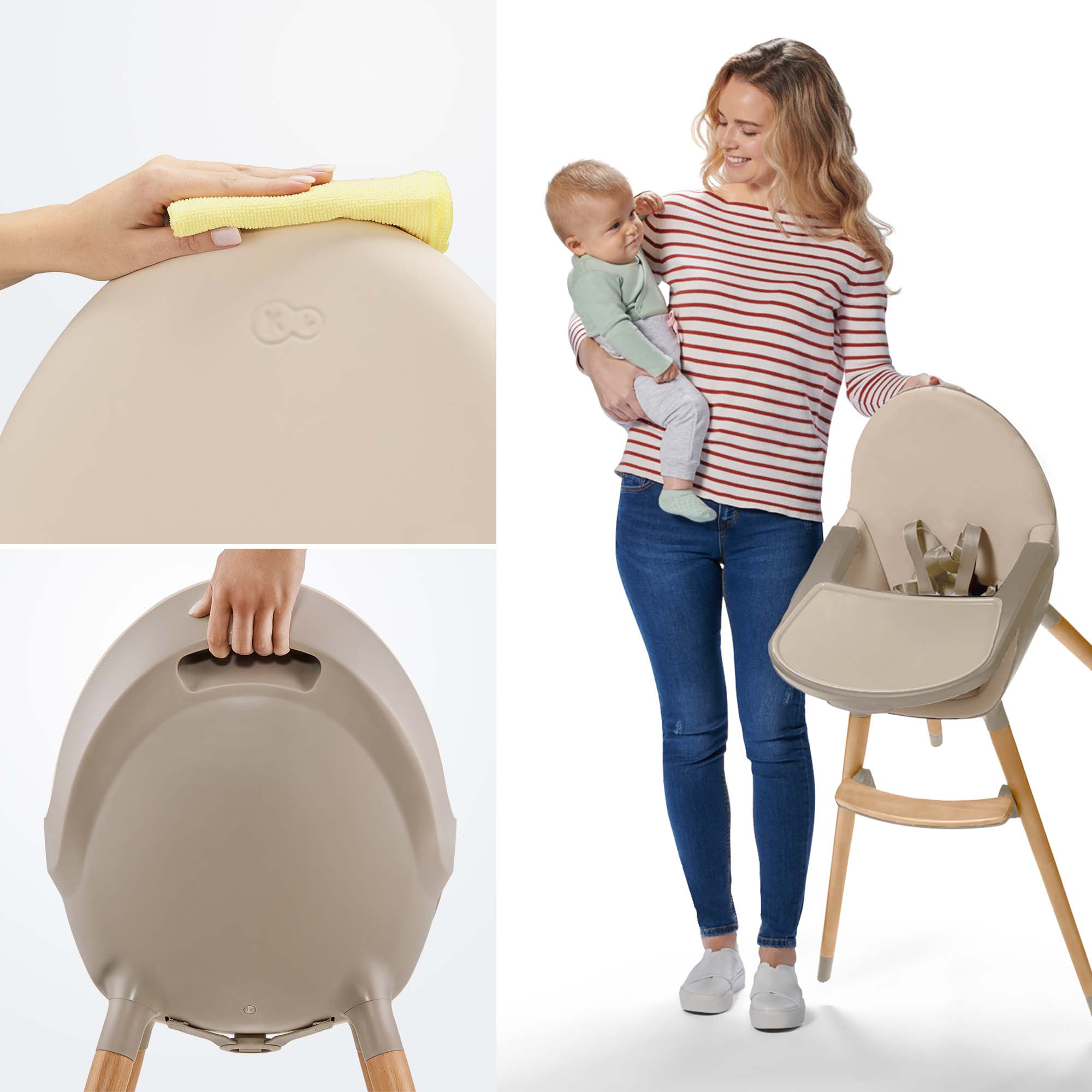 Eine Frau hält ein Baby, daneben ein Hochstuhl. Nahaufnahme zeigt Reinigung.