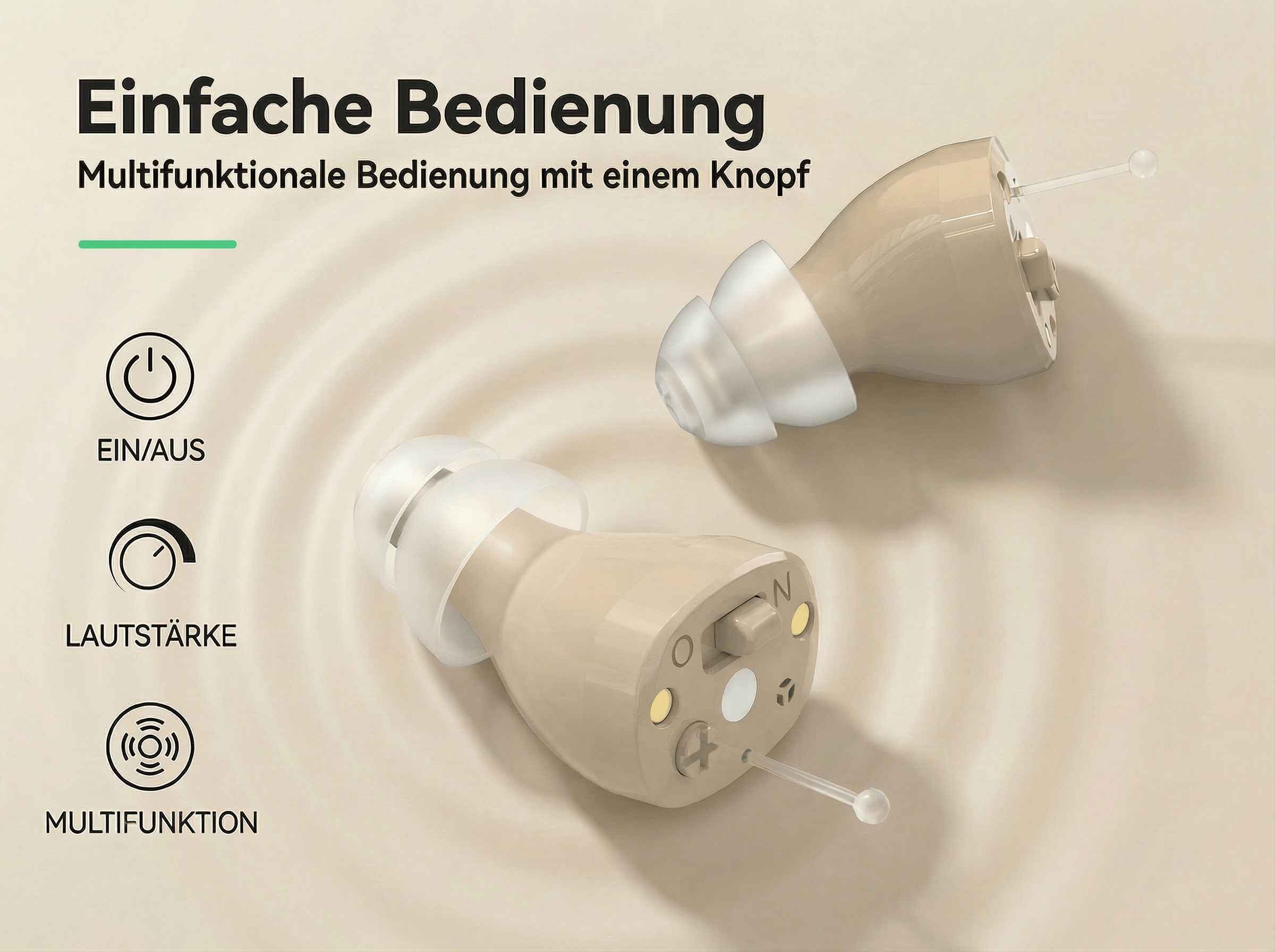 Zwei beige Hörgeräte mit transparenten Ohrstöpseln liegen auf einem hellen Untergrund.