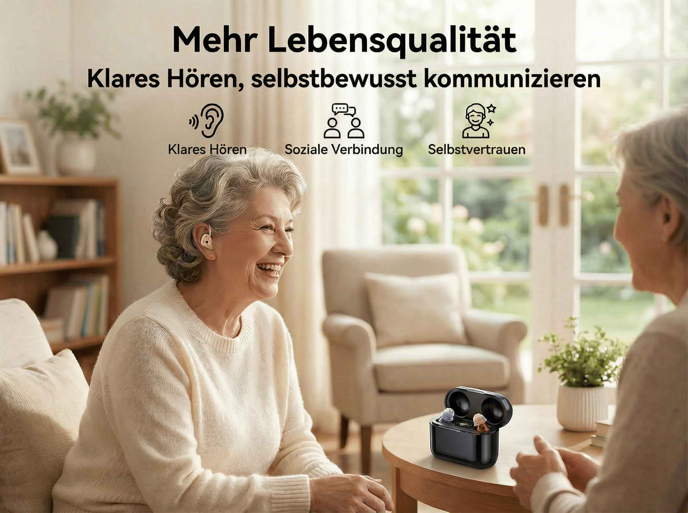 Ältere Frau lächelt, trägt ein Hörgerät. Ein Ladecase steht auf dem Tisch.