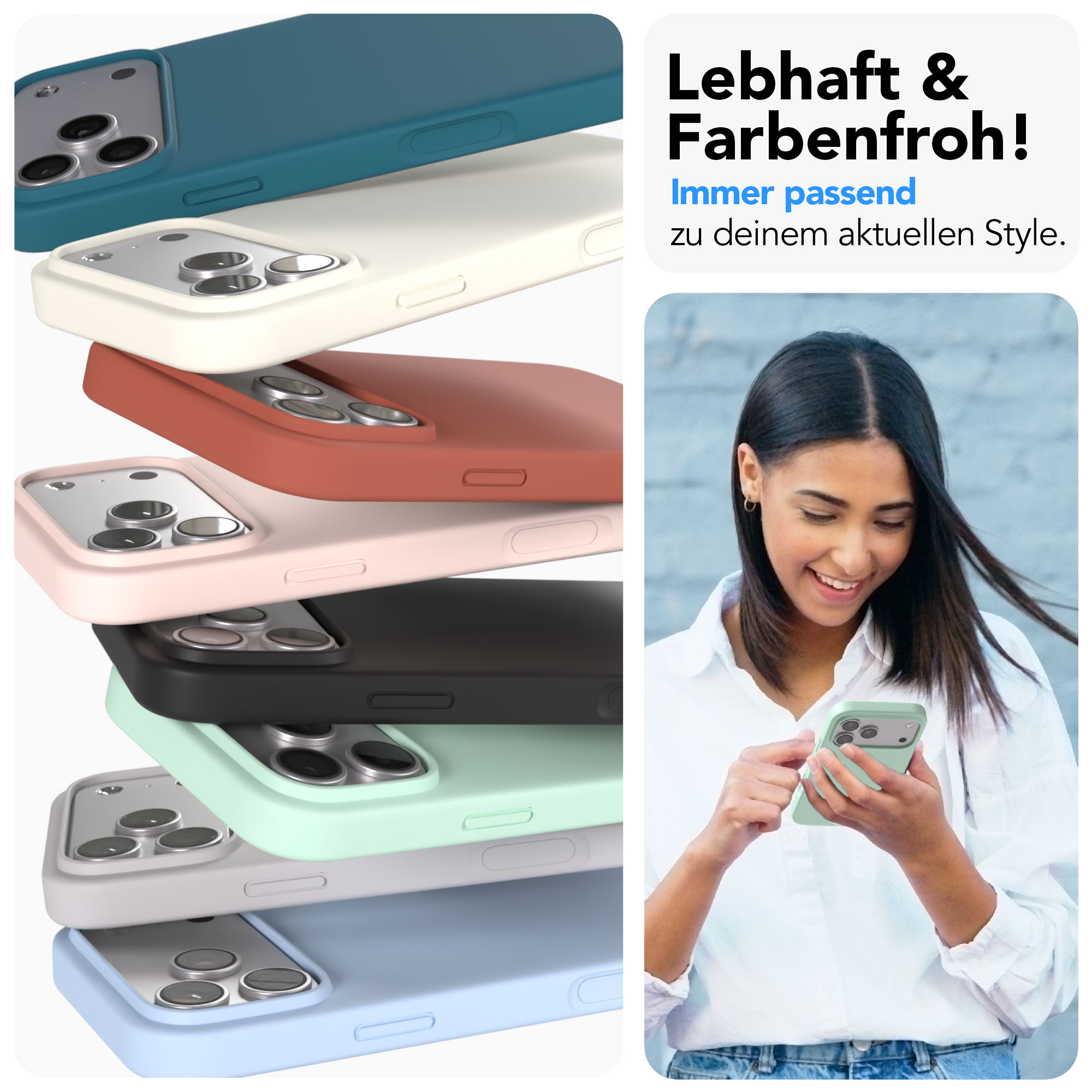Gestapelte iPhone-Hüllen in Blau, Creme, Rosa, Schwarz, Mint und Grau.