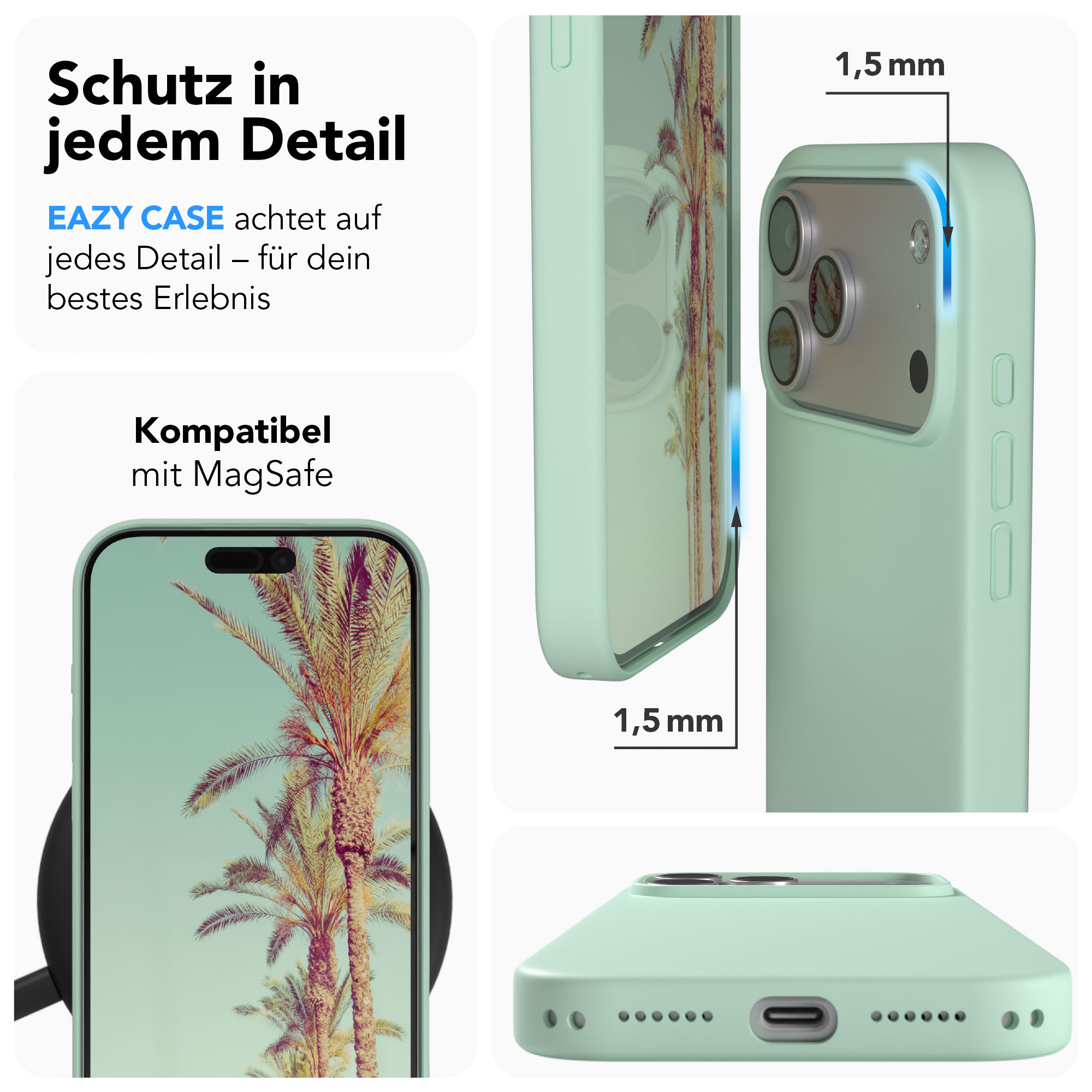 Hellgrüne Handyhülle mit Palmenmotiv, Kameraschutz und 1,5mm Dicke.
