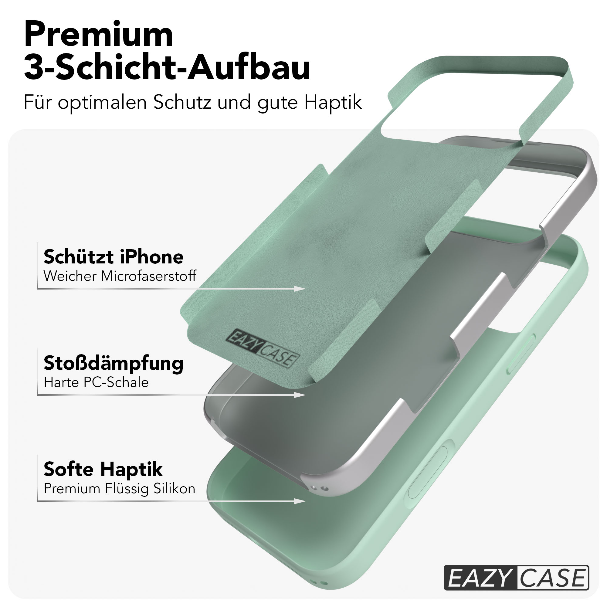 Eine grüne Handyhülle im 3-Schicht-Aufbau mit Text.