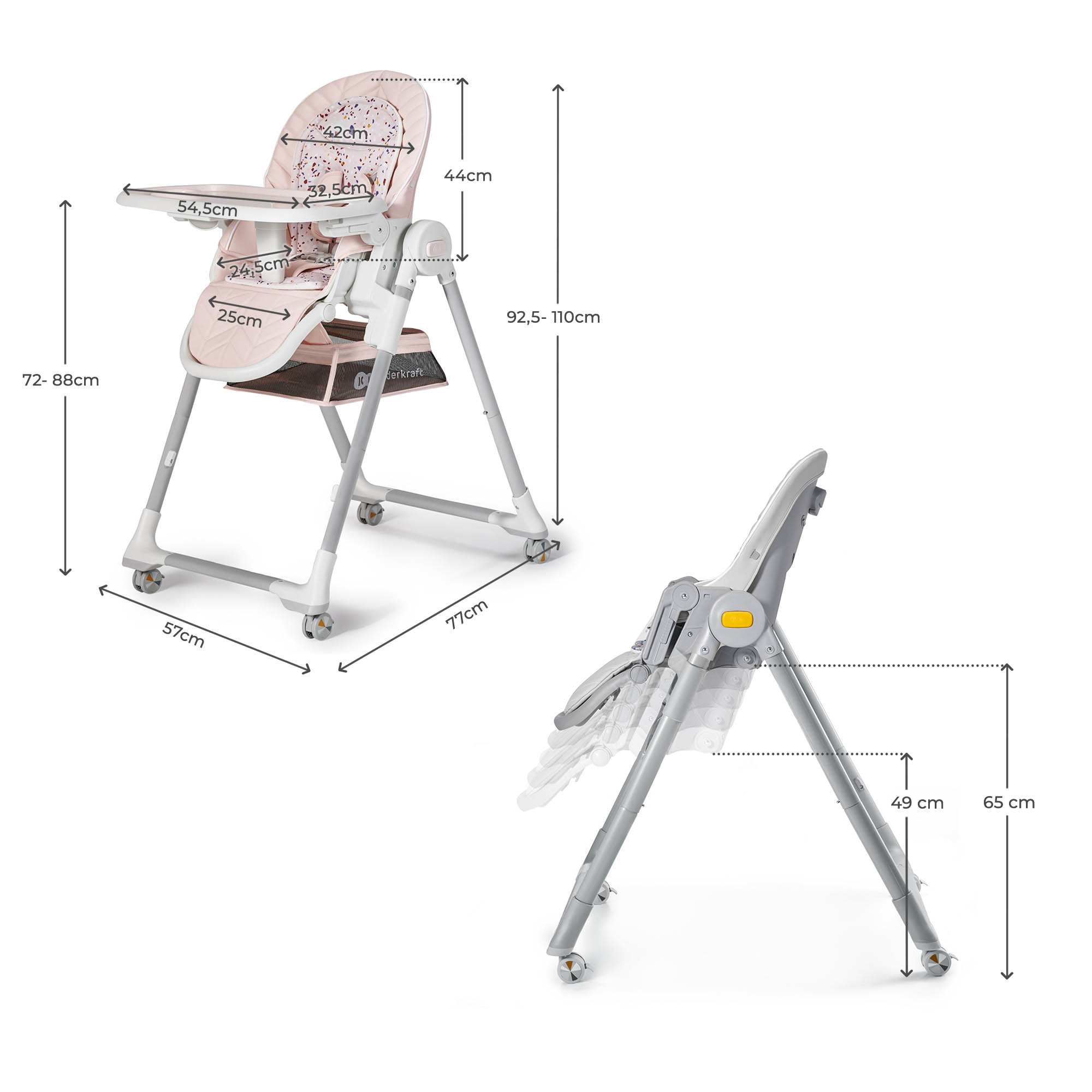 Ein rosa Kinderhochstuhl mit Maßen und verstellbarer Rückenlehne.