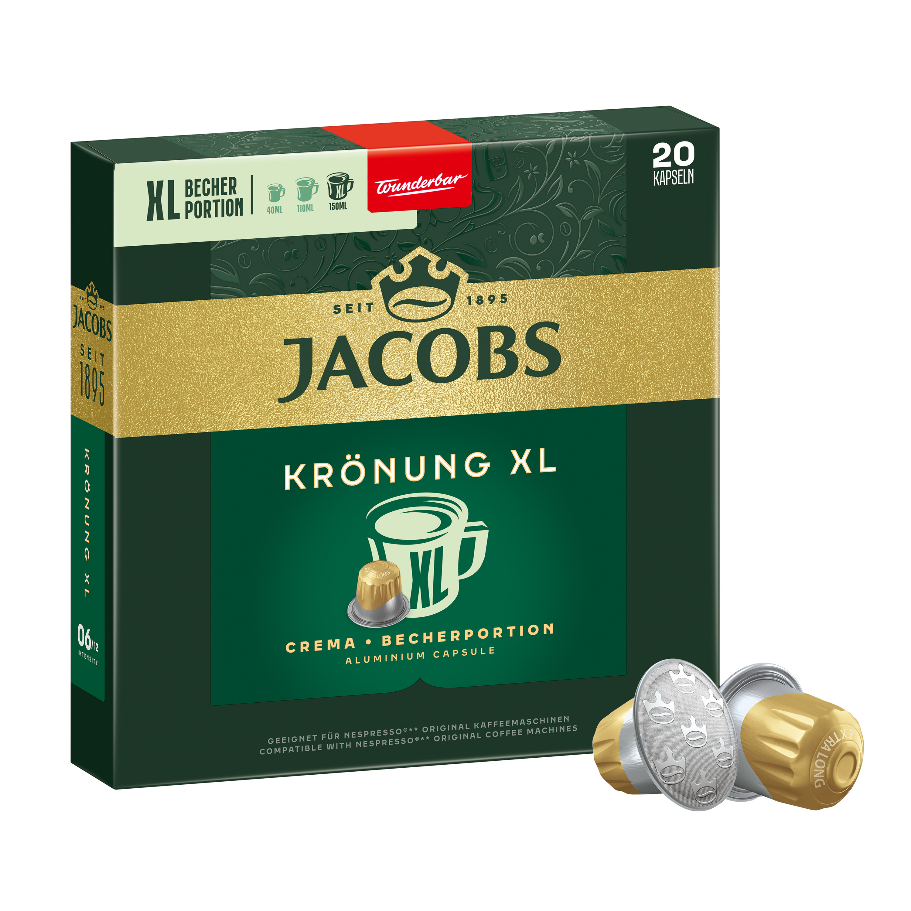 Jacobs Krönung XL Kaffee Kapseln auf dunklem Karton mit goldenem Akzent.