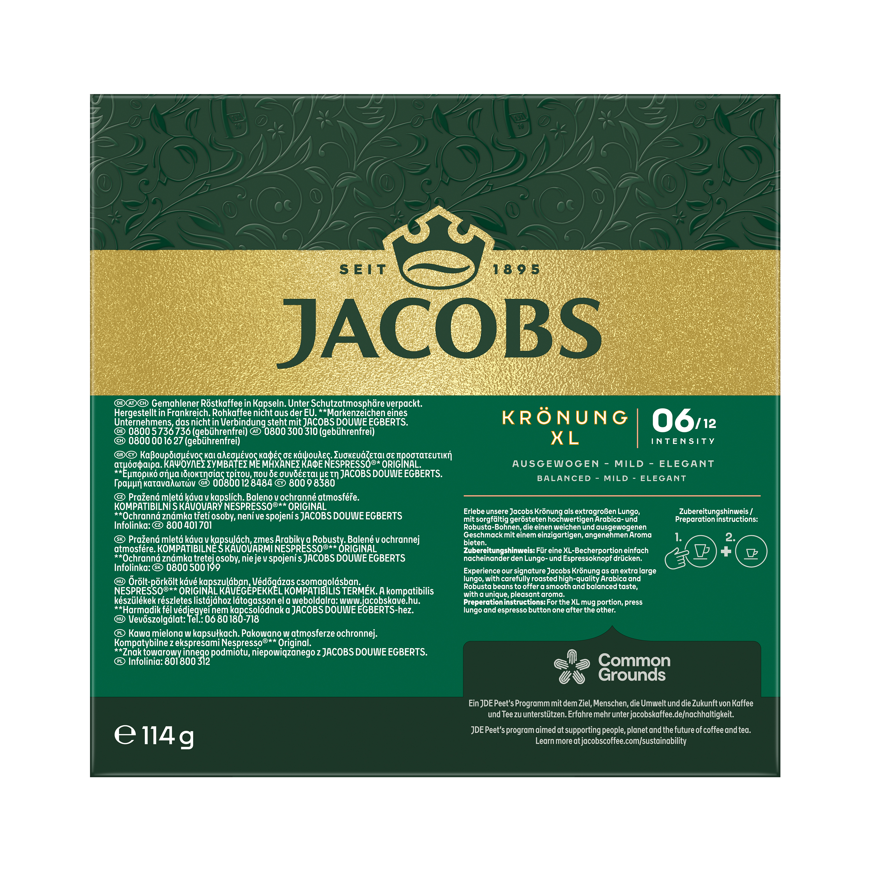 Grüne Jacobs Krönung XL Kaffee Kapselpackung mit floralem Muster und Golddetails.