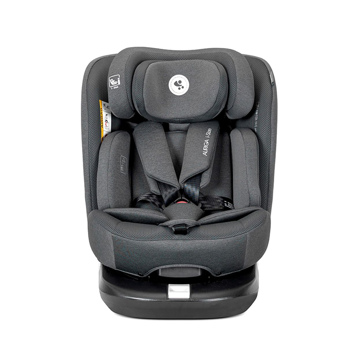 Ein grauer Kindersitz mit verstellbarer Kopfstütze und Gurten.