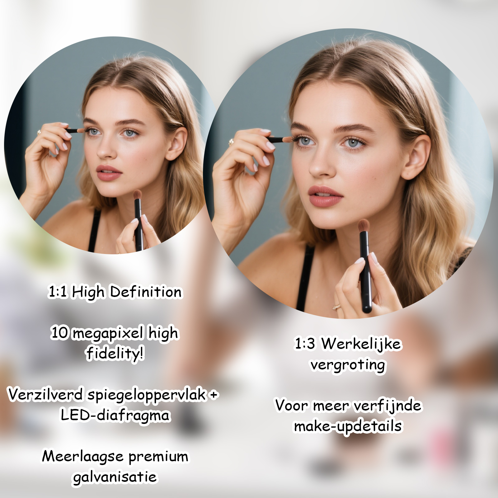 Frau mit Bürste trägt Make-up auf, Spiegel zeigt 1:1 und 1:3 Vergrößerung.