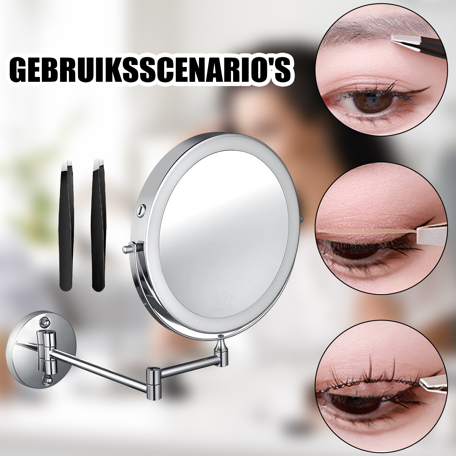 Ein Wandspiegel mit Beleuchtung und Pinzetten wird gezeigt.