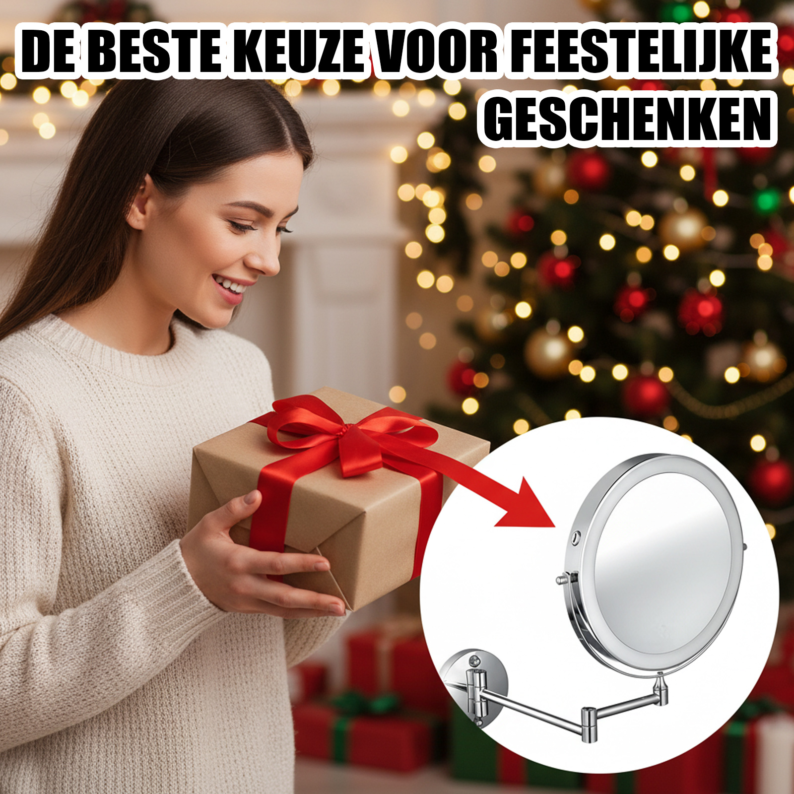 Frau mit Geschenk vor Weihnachtsbaum, Lupe mit Licht.