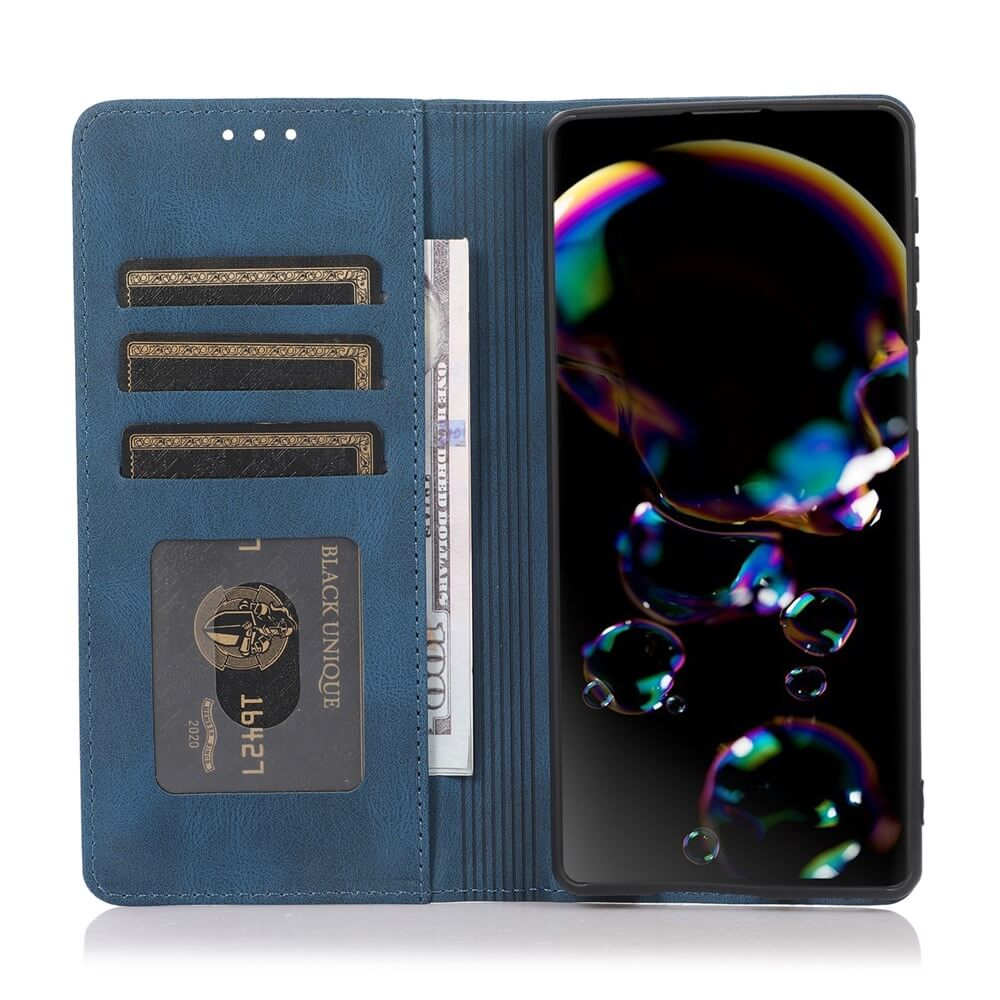 Custodia blu per telefono con slot per carte, banconota e schermo del telefono con bolle.