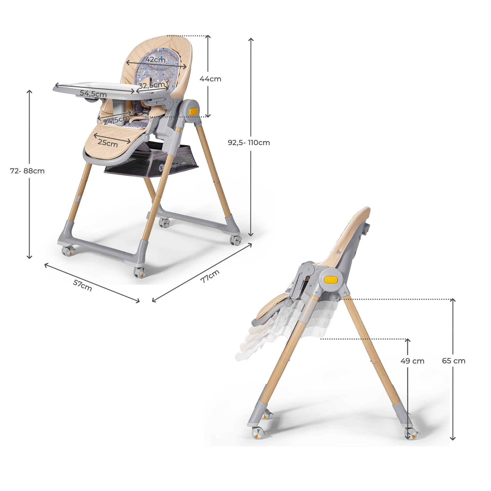 Ein beiger Hochstuhl mit Holzbeinen, Rädern und Tablett, Maße sind angegeben.