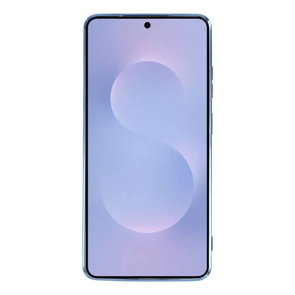 Uno smartphone blu che mostra una S stilizzata sul suo schermo.