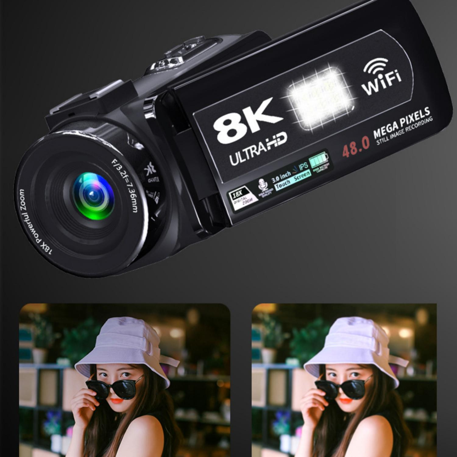 8K Ultra HD Camcorder mit WiFi und 48MP. Zwei Bilder einer Frau mit Hut und Sonnenbrille.