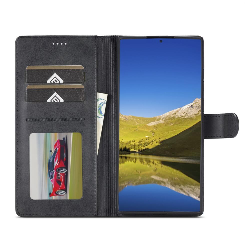 Portafoglio nero con scomparto telefono, slot per carte e immagine auto sportiva.