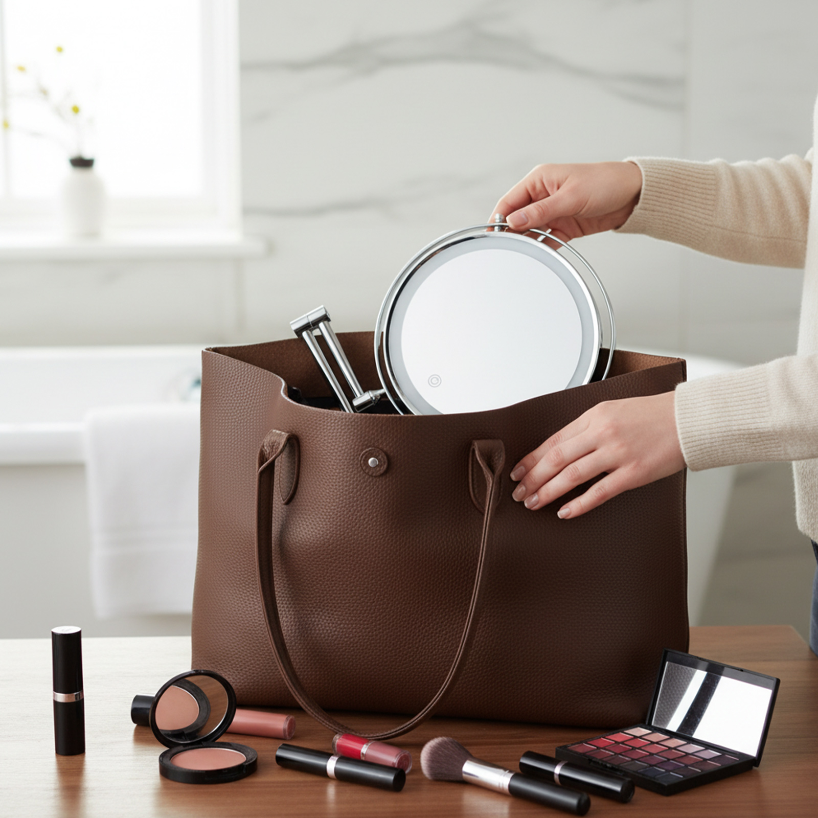 Eine Hand legt einen beleuchteten Spiegel in eine braune Ledertasche. Make-up liegt daneben.